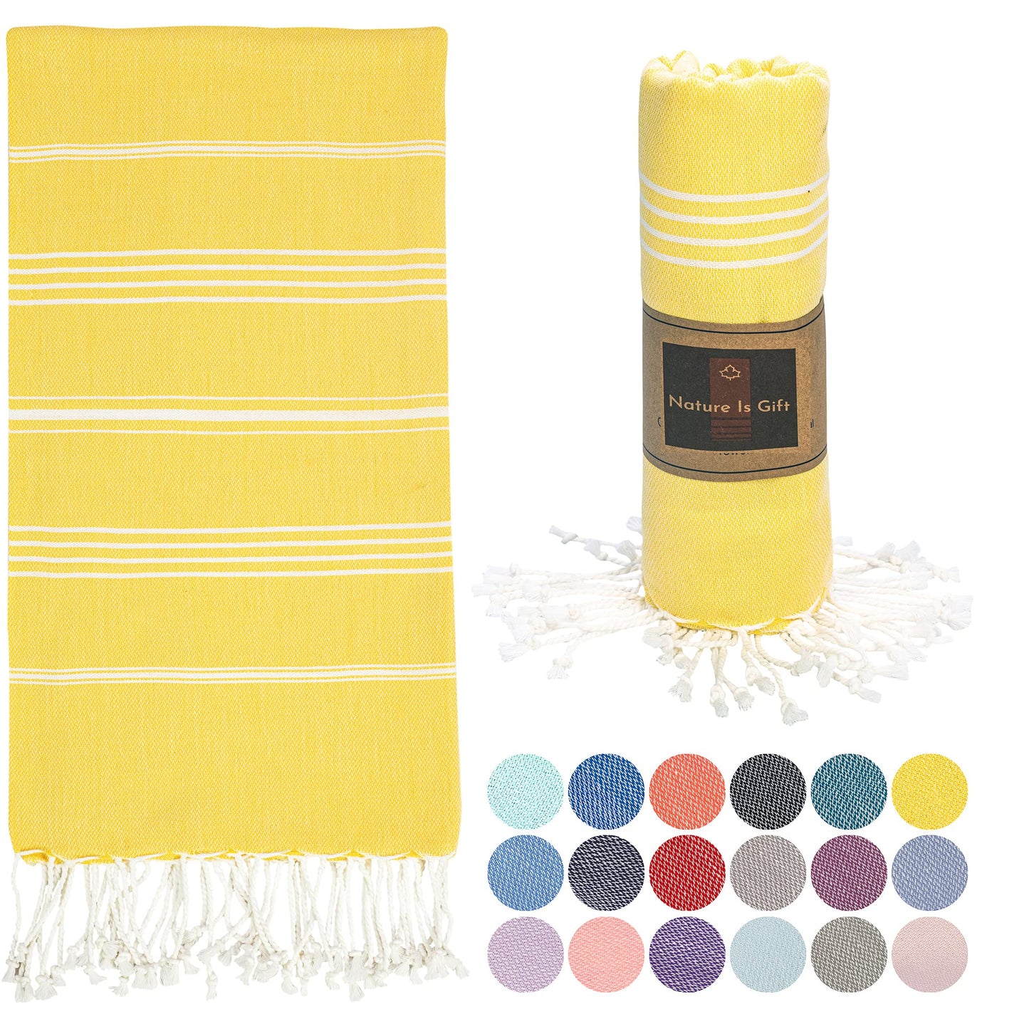 Beach Towel 100% Cotton Turkish Beach Towel Adult 38x70 Inch Pre-washed Absorbent Extra Large|Sand Free Quick Dry BathTowels|Lightweight Blanket|Travel Cruise Camping Spa Gym Yoga Sports Towel|Yellow