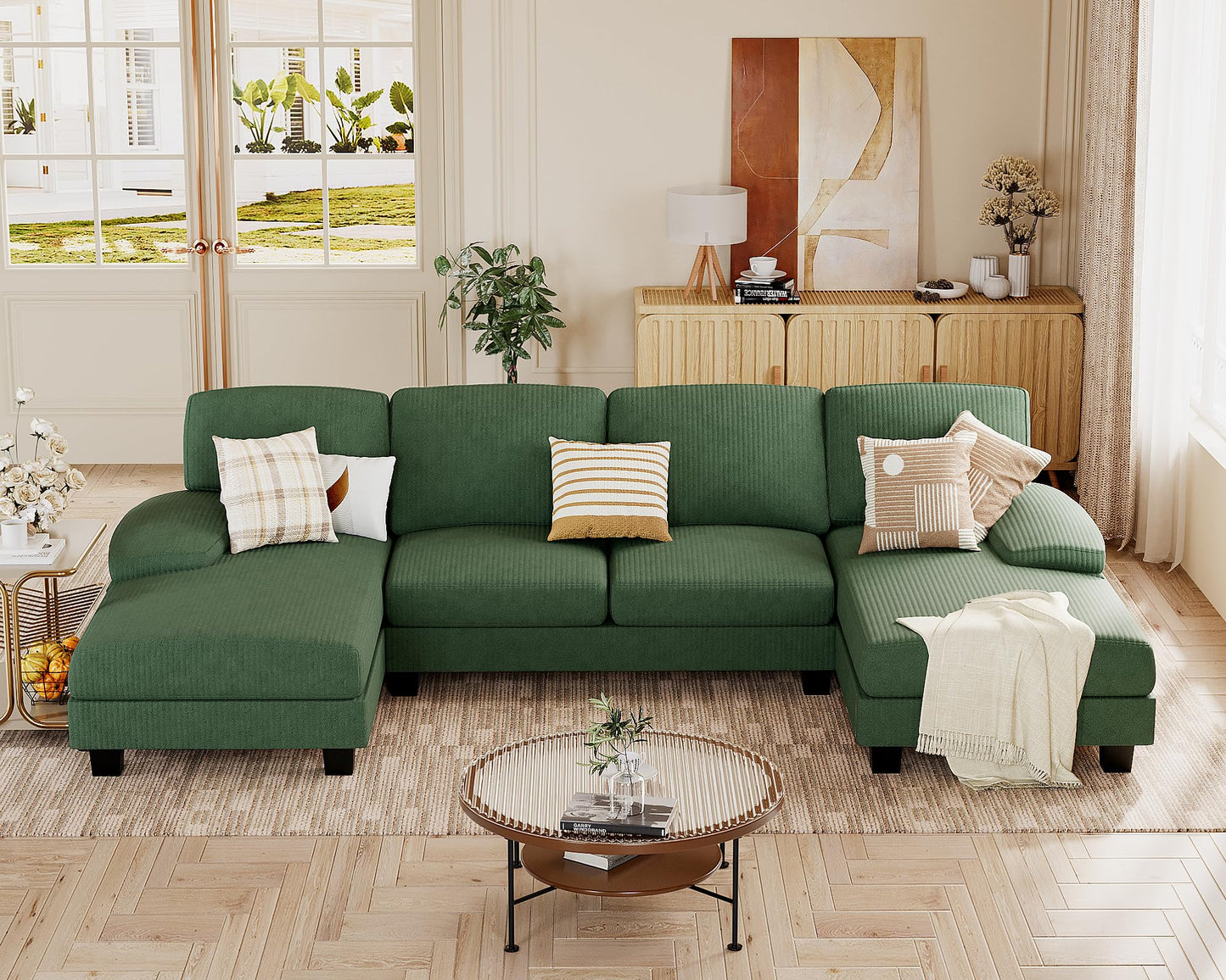 JUMMICO Sectional Couches for Living Room, U Shaped Couch with Chenille Fabric, 4 Seat Modern Sofa with Removable Pillows for Apartment and Small Space (Fabric, Grey)
