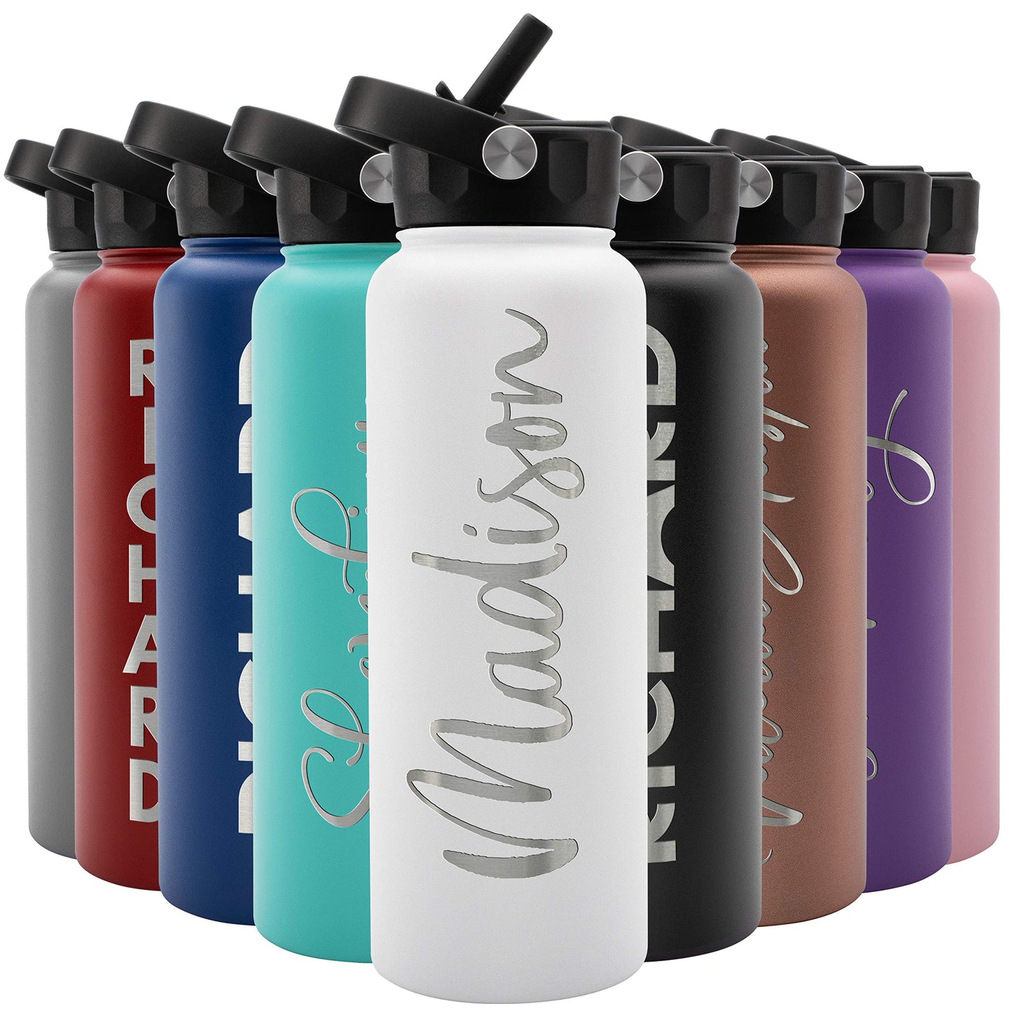 Amazing Items Personalized Water Bottle w/Straw & Lid, 32 oz - Navy Blue | Custom Stainless Steel Sports Water Bottle w/Name and Text - Double Wall, Vacuum Insulated - Rotating Handle