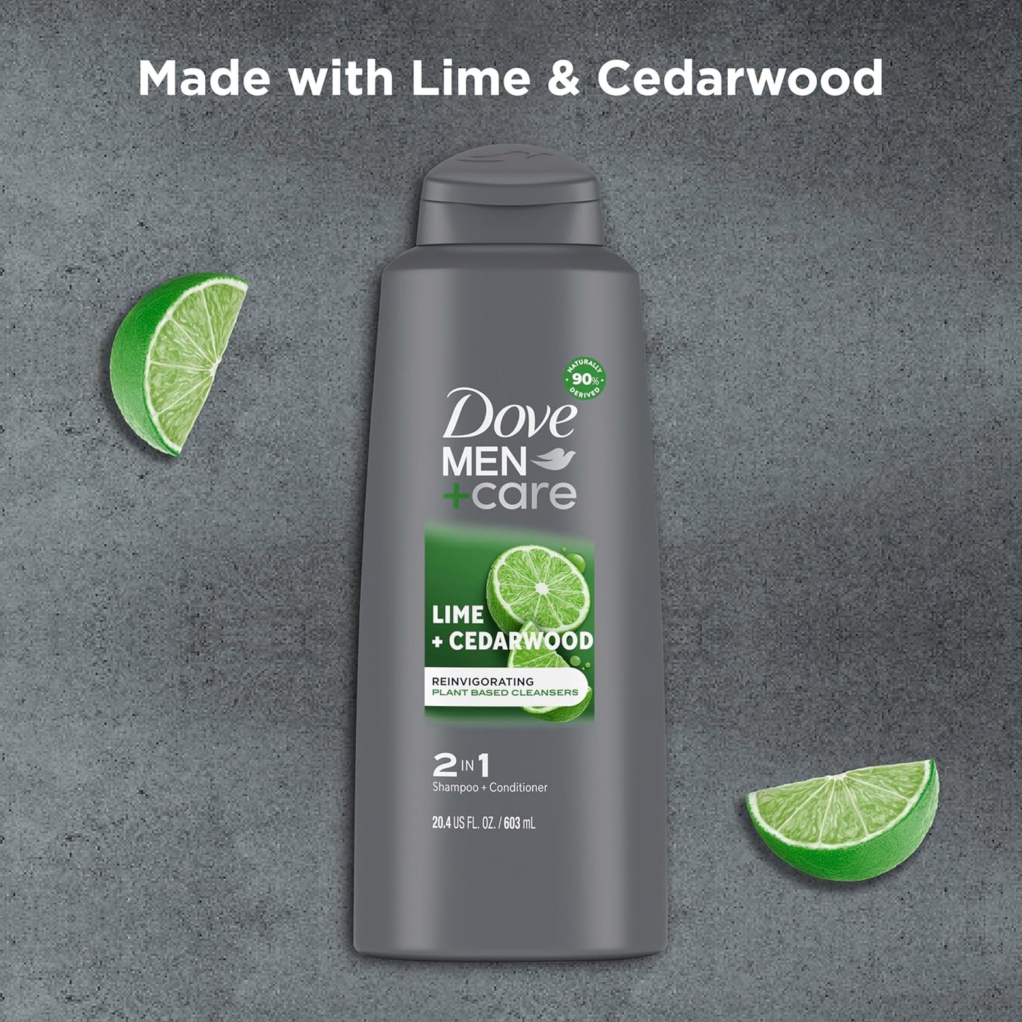 DOVE MEN + CARE Men 2 in 1 Shampoo and Conditioner Lime + Cedarwood For Healthy-Looking Hair Naturally Derived Plant Based Cleansers 20.4 OZ