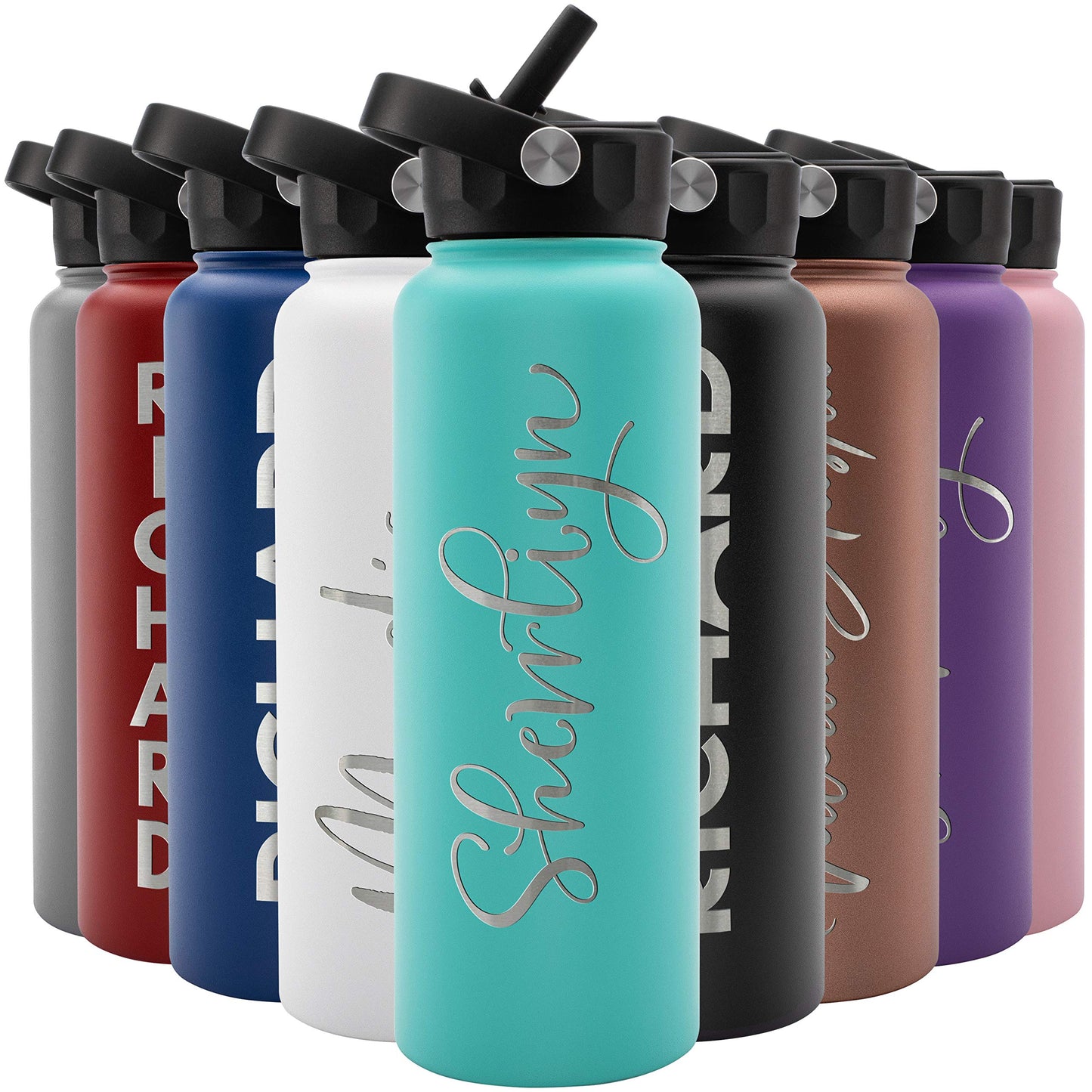 Amazing Items Personalized Water Bottle w/Straw & Lid, 32 oz - Navy Blue | Custom Stainless Steel Sports Water Bottle w/Name and Text - Double Wall, Vacuum Insulated - Rotating Handle