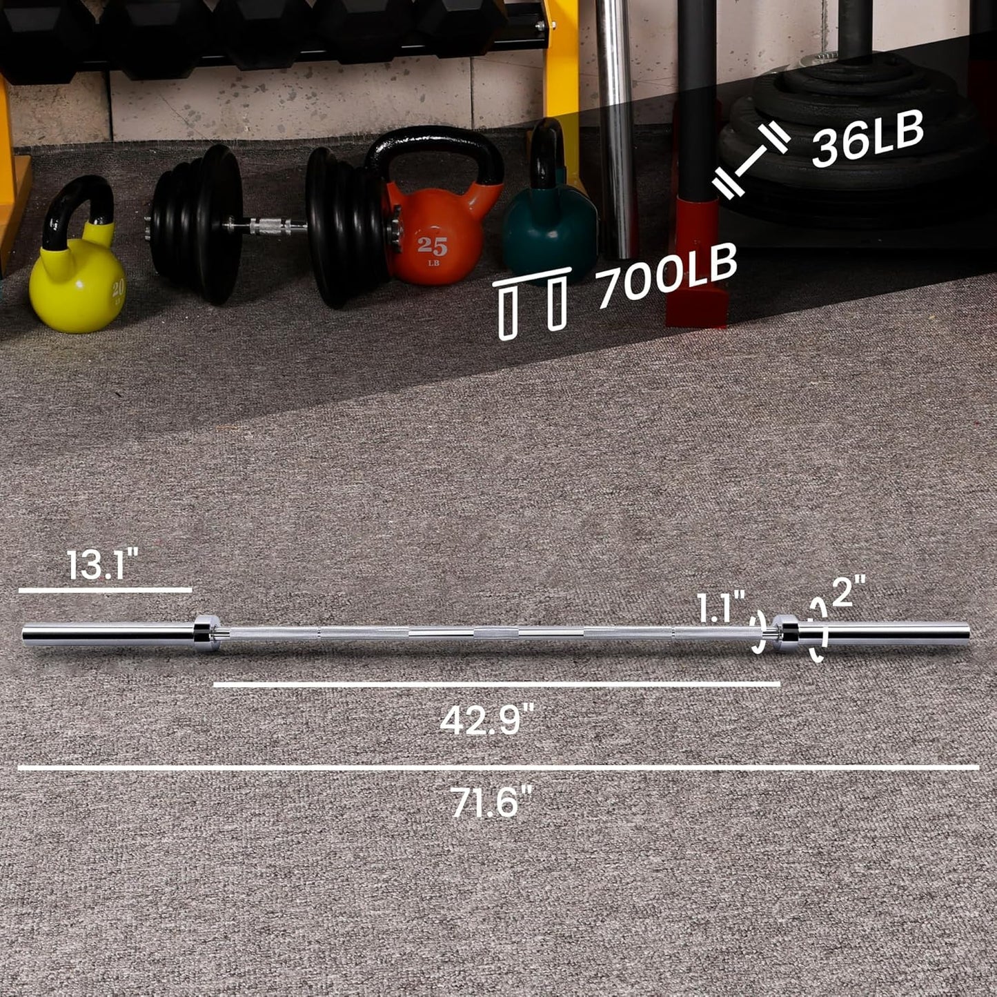 2 Inch Olympic Barbell Bar for Power Lifting & Weightlifting, 700 Pound Capacity, Multiple Sizes