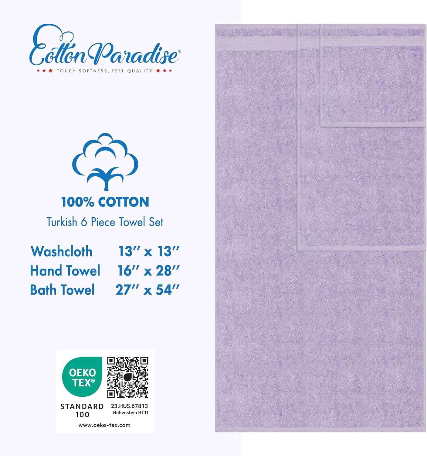 Cotton Paradise 6 Piece Towel Set, 100% Cotton Soft Absorbent Turkish Towels for Bathroom, 2 Bath Towels 2 Hand Towels 2 Washcloths, Lilac Towel Set