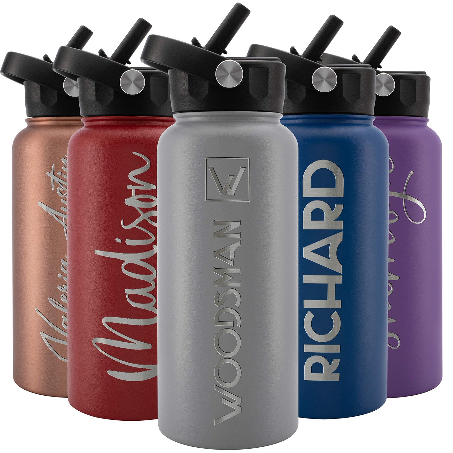 Amazing Items Personalized Water Bottle w/Straw & Lid, 32 oz - Navy Blue | Custom Stainless Steel Sports Water Bottle w/Name and Text - Double Wall, Vacuum Insulated - Rotating Handle