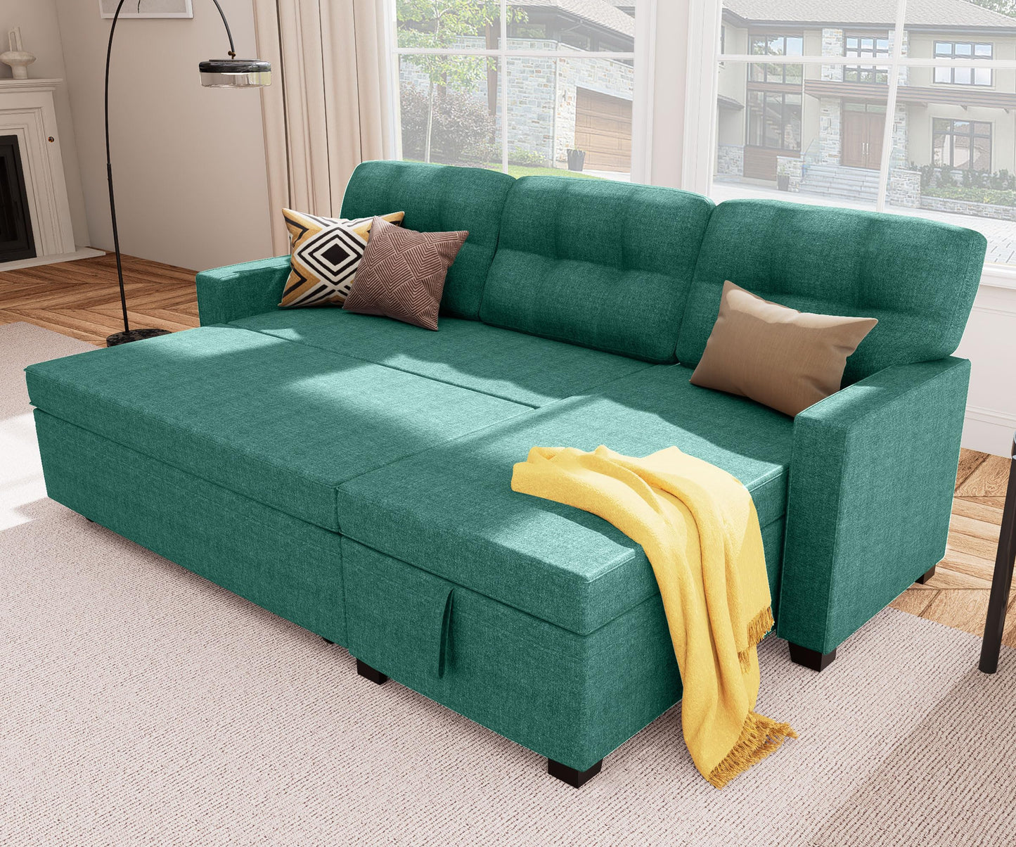 Reversible Sectional Sofa Couch, Sleeper Sofa Bed with Storage Chaise Pull Out Couch for Living Room | Hidden Stroge | Pull Out Bed | Removable Backrest | Linen Fabric, Beige