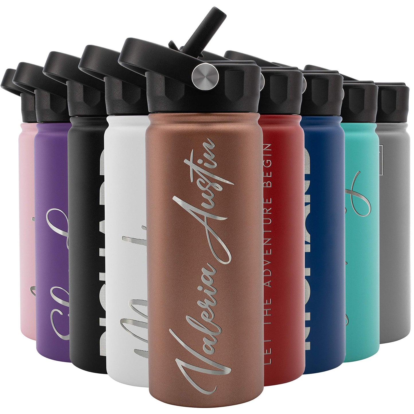 Amazing Items Personalized Water Bottle w/Straw & Lid, 32 oz - Navy Blue | Custom Stainless Steel Sports Water Bottle w/Name and Text - Double Wall, Vacuum Insulated - Rotating Handle