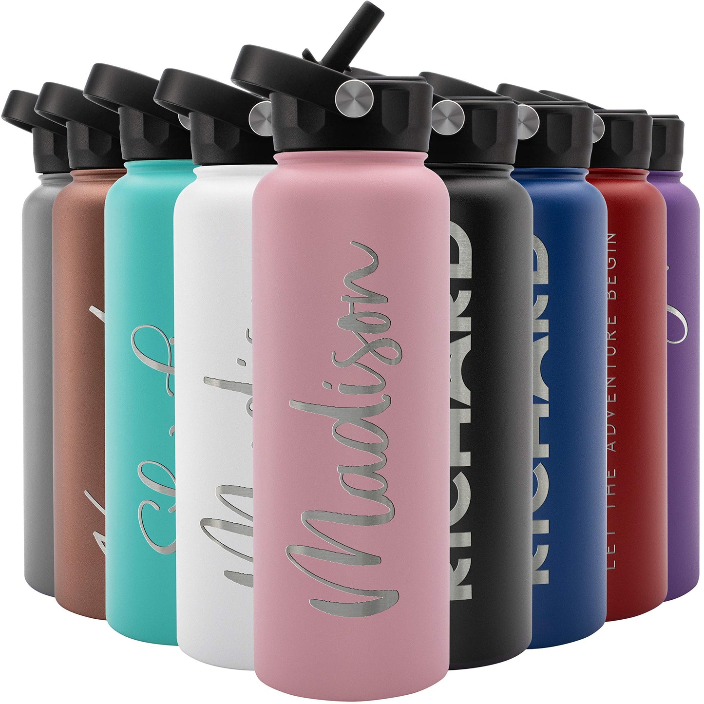 Amazing Items Personalized Water Bottle w/Straw & Lid, 32 oz - Navy Blue | Custom Stainless Steel Sports Water Bottle w/Name and Text - Double Wall, Vacuum Insulated - Rotating Handle