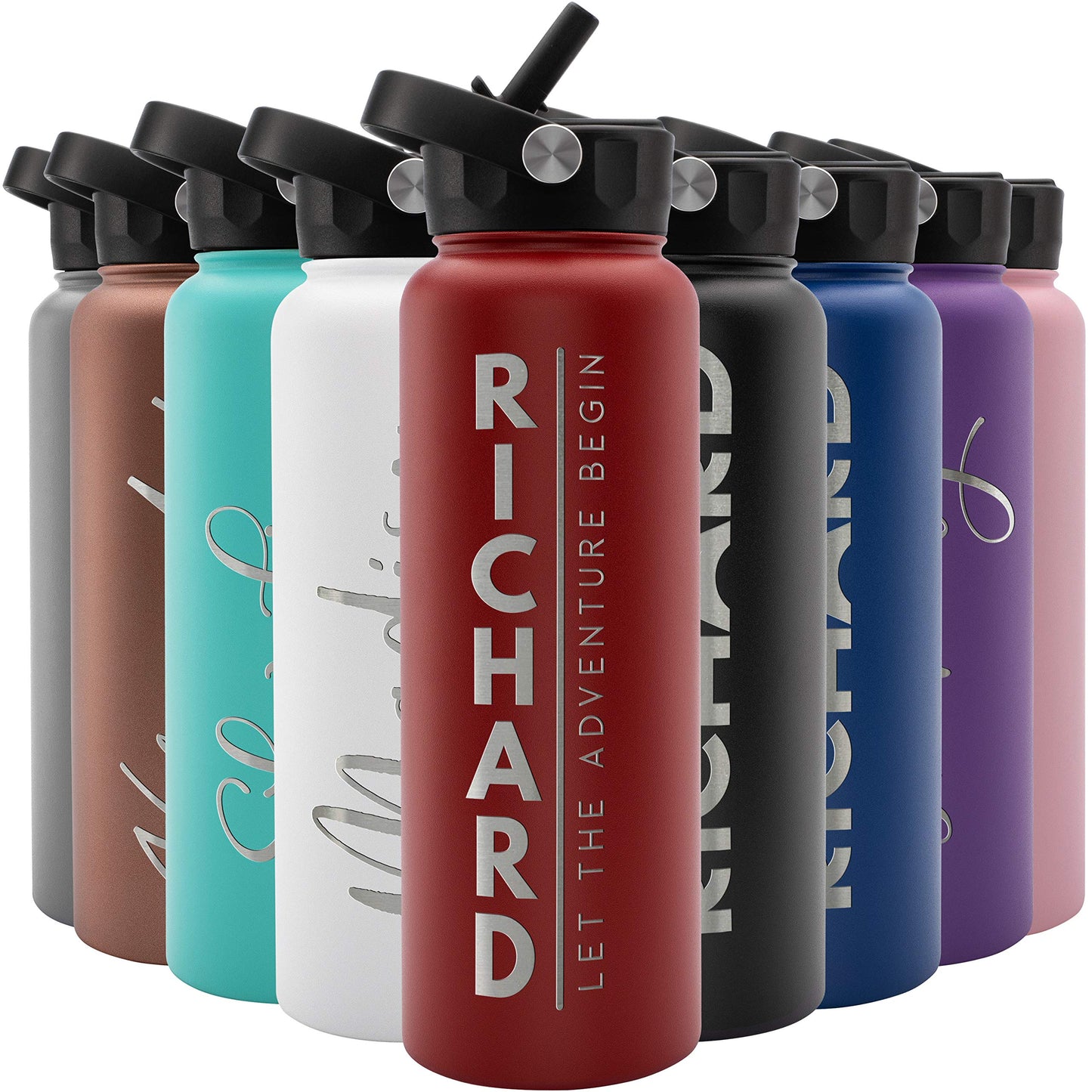 Amazing Items Personalized Water Bottle w/Straw & Lid, 32 oz - Navy Blue | Custom Stainless Steel Sports Water Bottle w/Name and Text - Double Wall, Vacuum Insulated - Rotating Handle