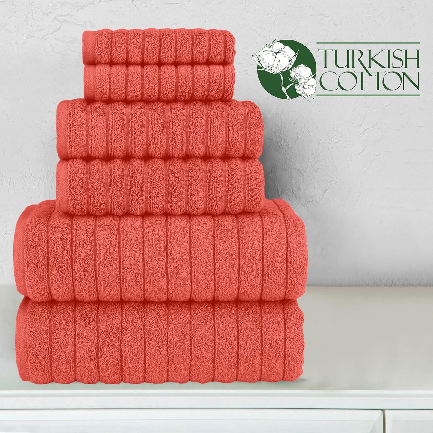 Elegant Comfort 100% Turkish Cotton Corduroy Ribbed Luxury Bath Towels 6-Piece Set, Premium Feel - Quick Dry, Highly Absorbent, Contains 2 Bath Towels, 2 Hand Towels, and 2 Washcloths, Coral