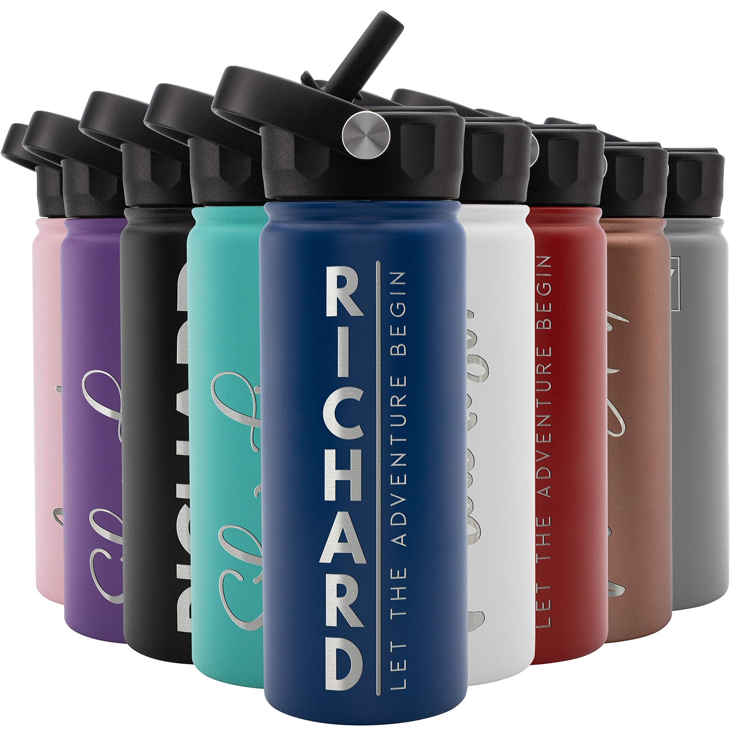 Amazing Items Personalized Water Bottle w/Straw & Lid, 32 oz - Navy Blue | Custom Stainless Steel Sports Water Bottle w/Name and Text - Double Wall, Vacuum Insulated - Rotating Handle