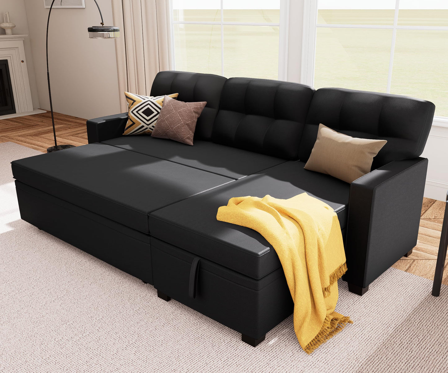Reversible Sectional Sofa Couch, Sleeper Sofa Bed with Storage Chaise Pull Out Couch for Living Room | Hidden Stroge | Pull Out Bed | Removable Backrest | Linen Fabric, Beige