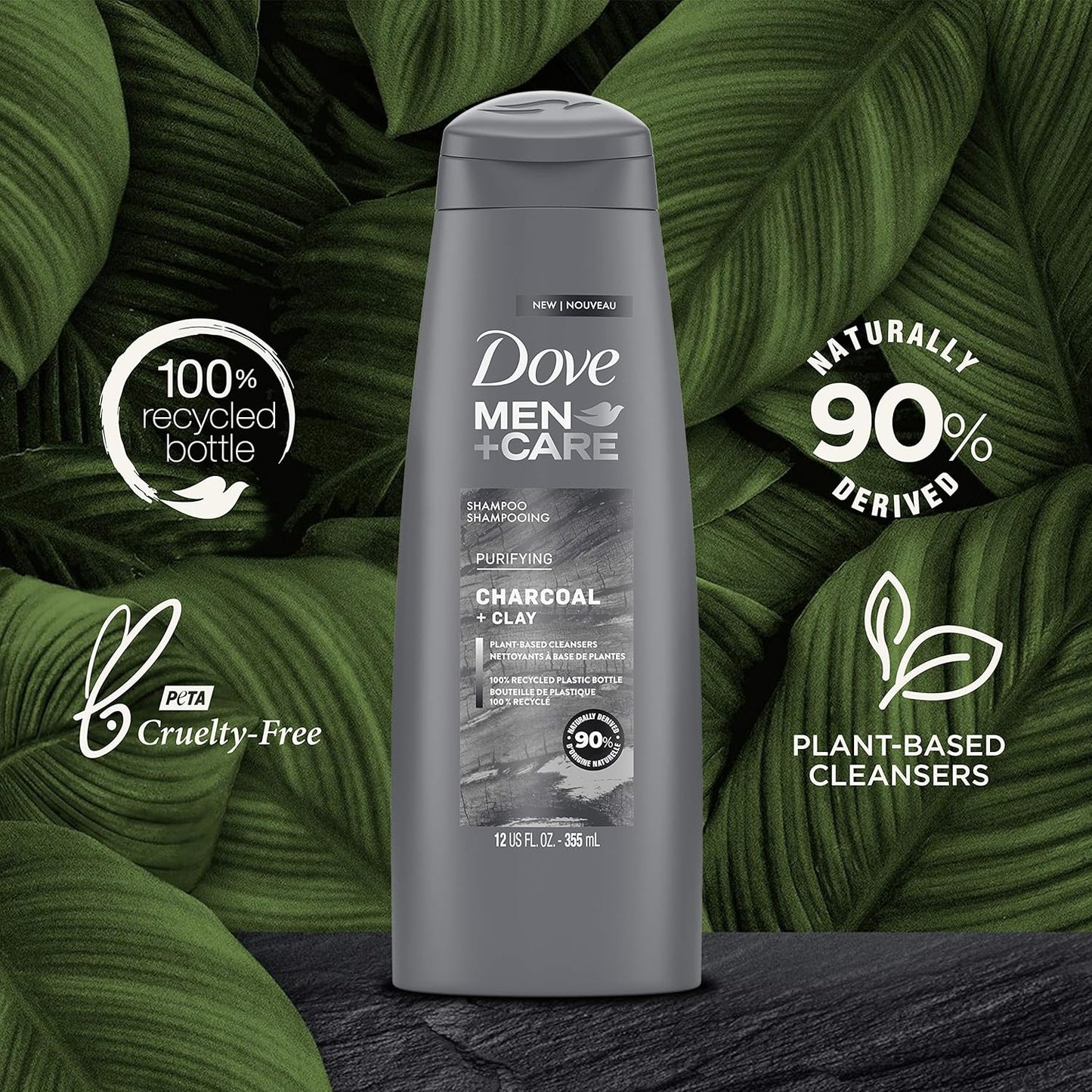 DOVE MEN + CARE Shampoo Charcoal + Clay for Healthy-Looking Hair Naturally Derived Plant Based Cleansers 12 oz