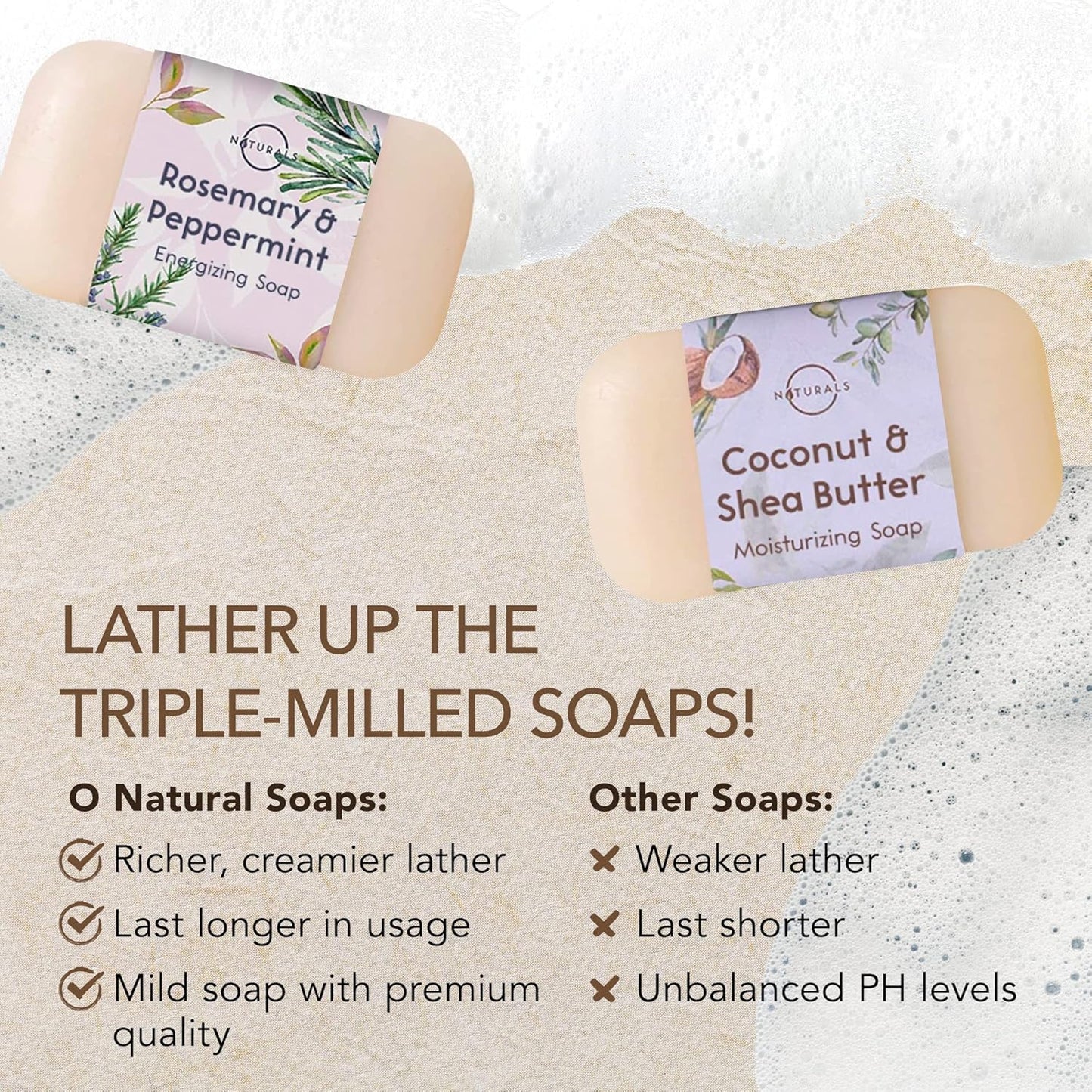 O NATURALS 100% Natural Bar Soap - Gift Set for Women - Organic Ingredients & Essential Oils - Spa Gifts for Women & Men, Body Wash Soap Bar - 6PC Natural Collection
