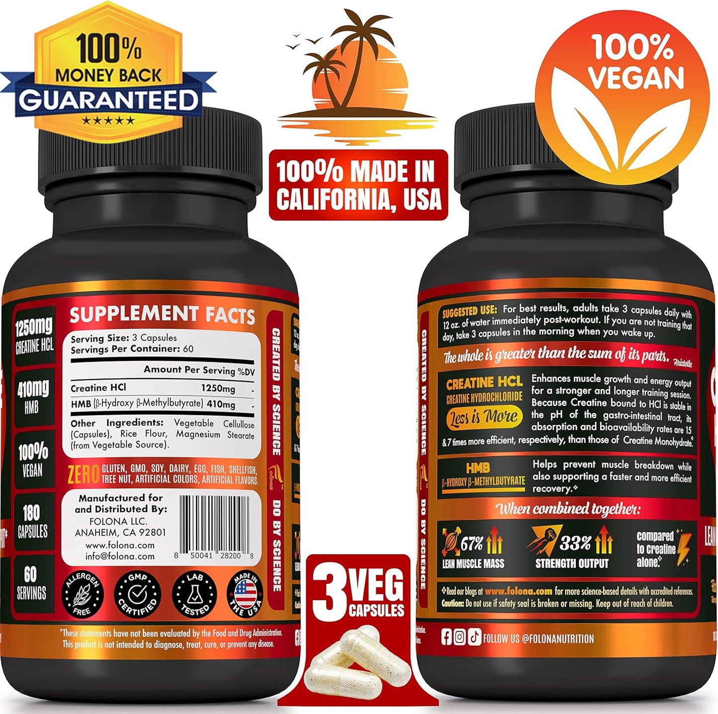 Creatine HCL Capsules with HMB - Workout Supplement for Men & Women, Muscle Builder, Endurance, Strength, Superior to Monohydrate: Instantized for Max Absorption, No Load, No Bloat, 180 Vegan Capsules