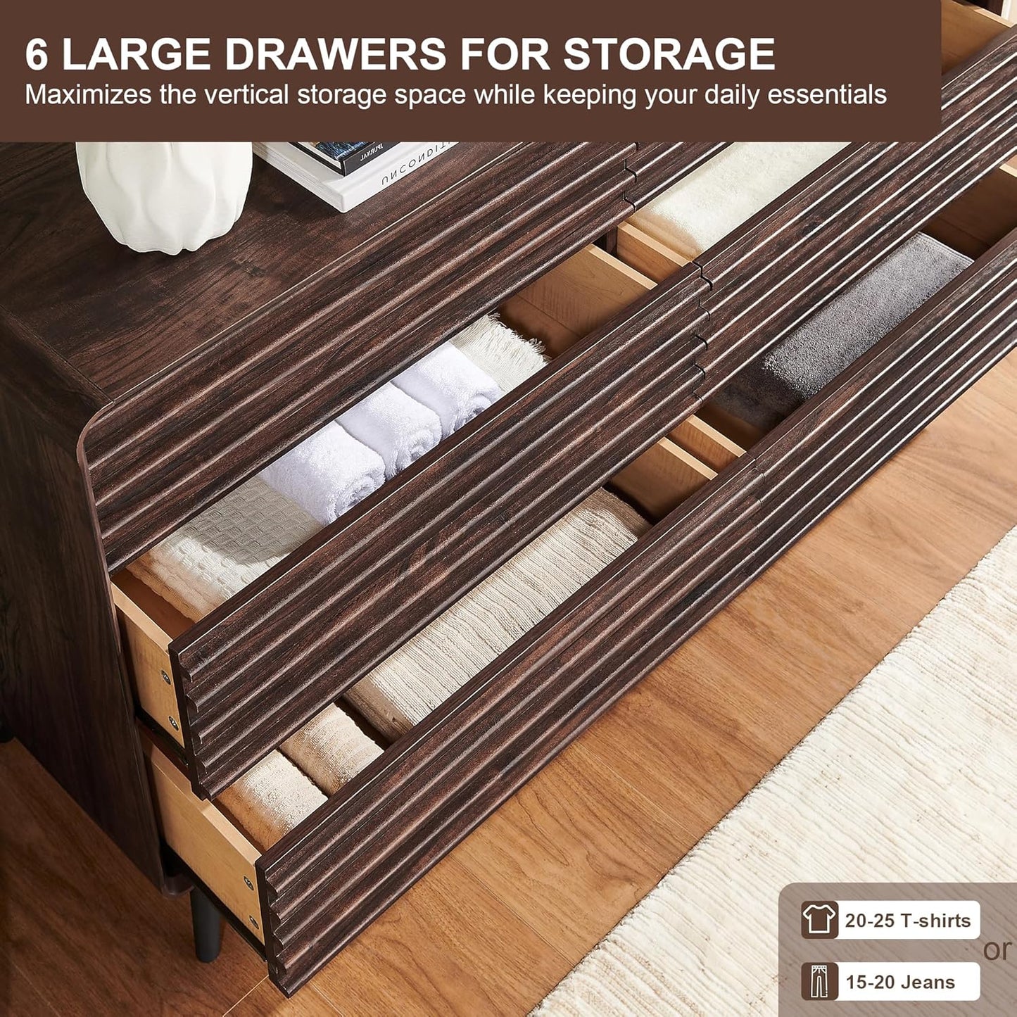 RedLemon 6 Drawers Dresser for Bedroom, 54'' Wide Mid Century Modern Wood Fluted Double Dresser, Chest of Drawers with Tapered Leg for Bedroom, Living Room, Hallway, Closet, Dark Walnut