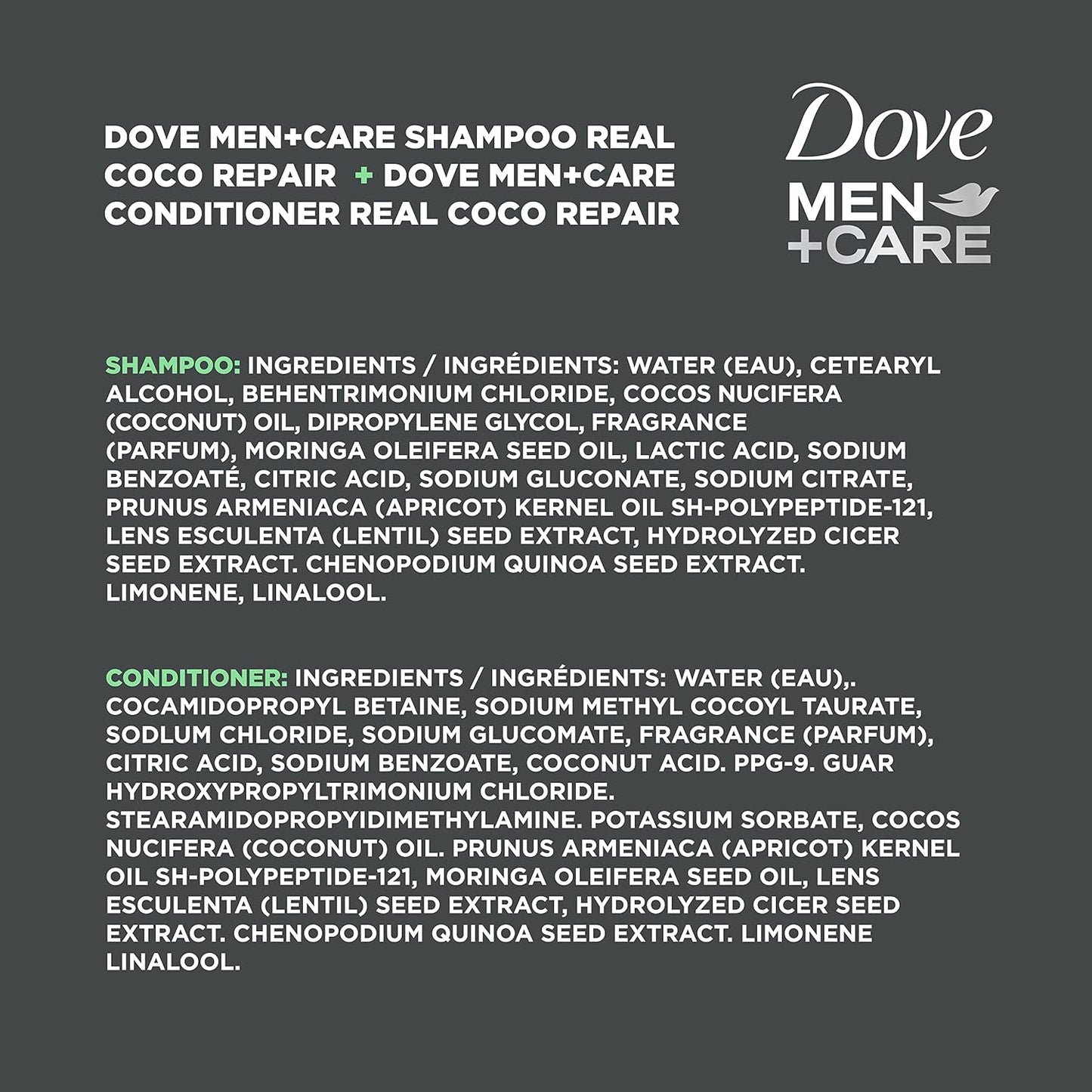 DOVE MEN + CARE Real Bio-Mimetic Care Shampoo & Conditioner Reconstruct 2 Count For Damaged Hair Sulfate Free Shampoo & Silicone-Free Conditioner with Coco Fatty Acid + Vegan Keratin 10 Oz