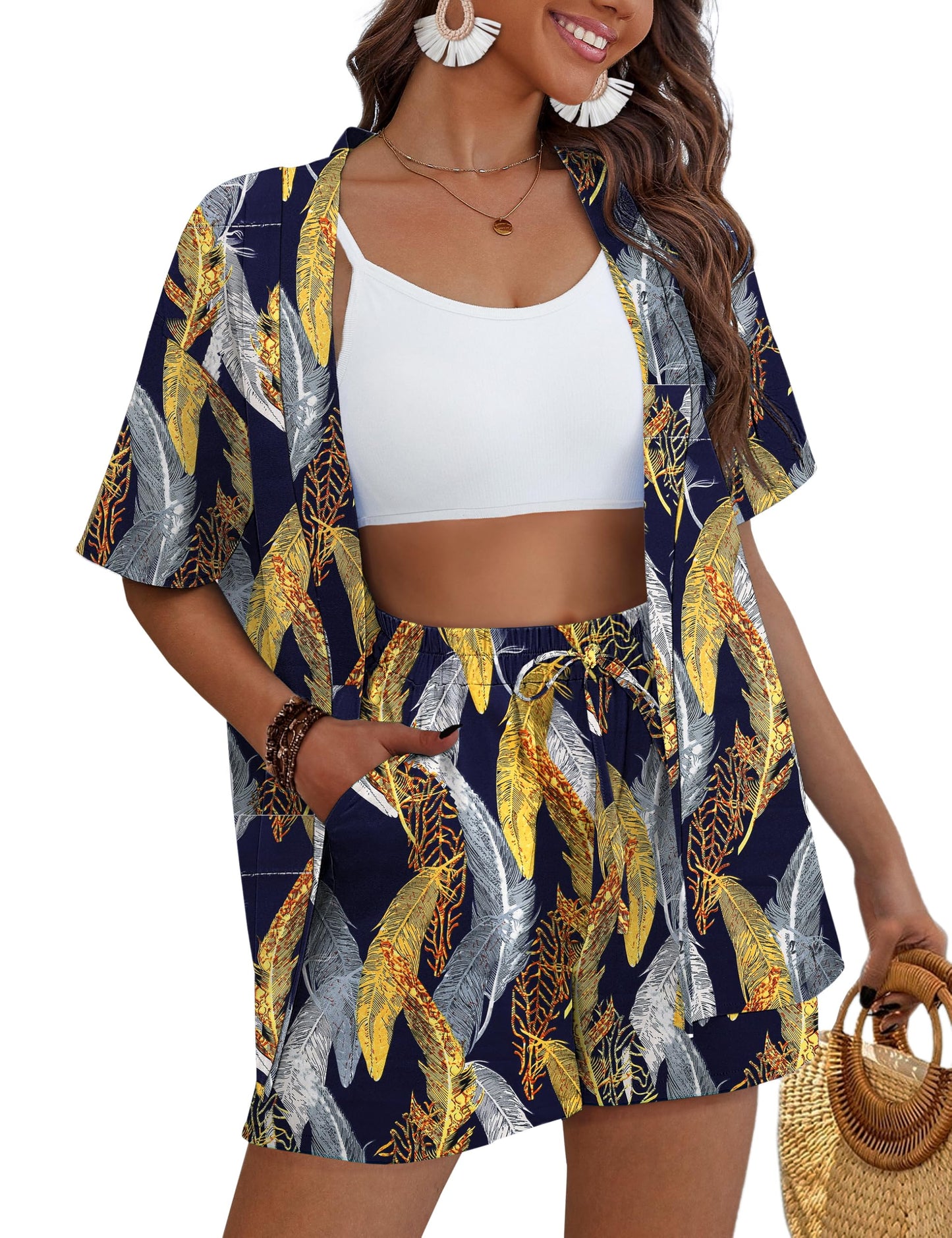 REDHOTYPE Women's 2 Piece Outfits Kimono Style Tropical Print Cover Ups Half Sleeve Blouse Shorts Set Summer Beachwear (S-XL)