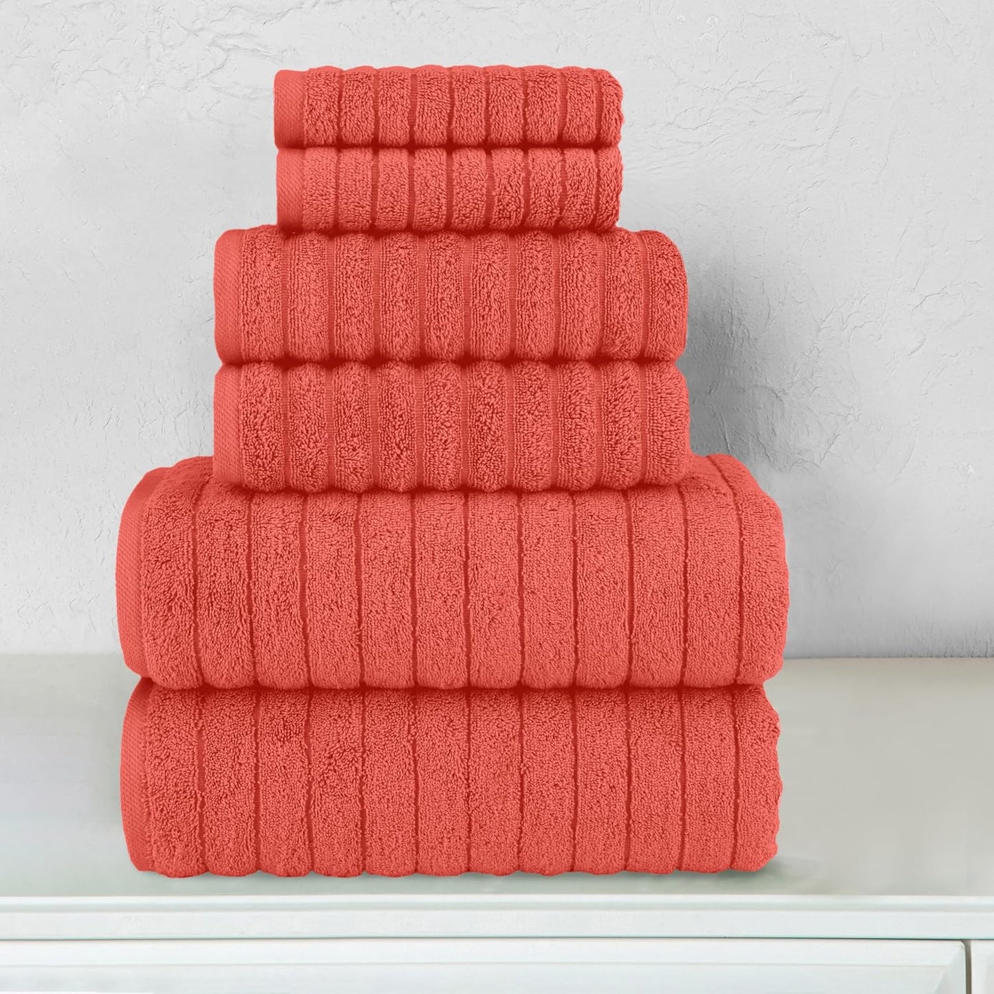 Elegant Comfort 100% Turkish Cotton Corduroy Ribbed Luxury Bath Towels 6-Piece Set, Premium Feel - Quick Dry, Highly Absorbent, Contains 2 Bath Towels, 2 Hand Towels, and 2 Washcloths, Coral