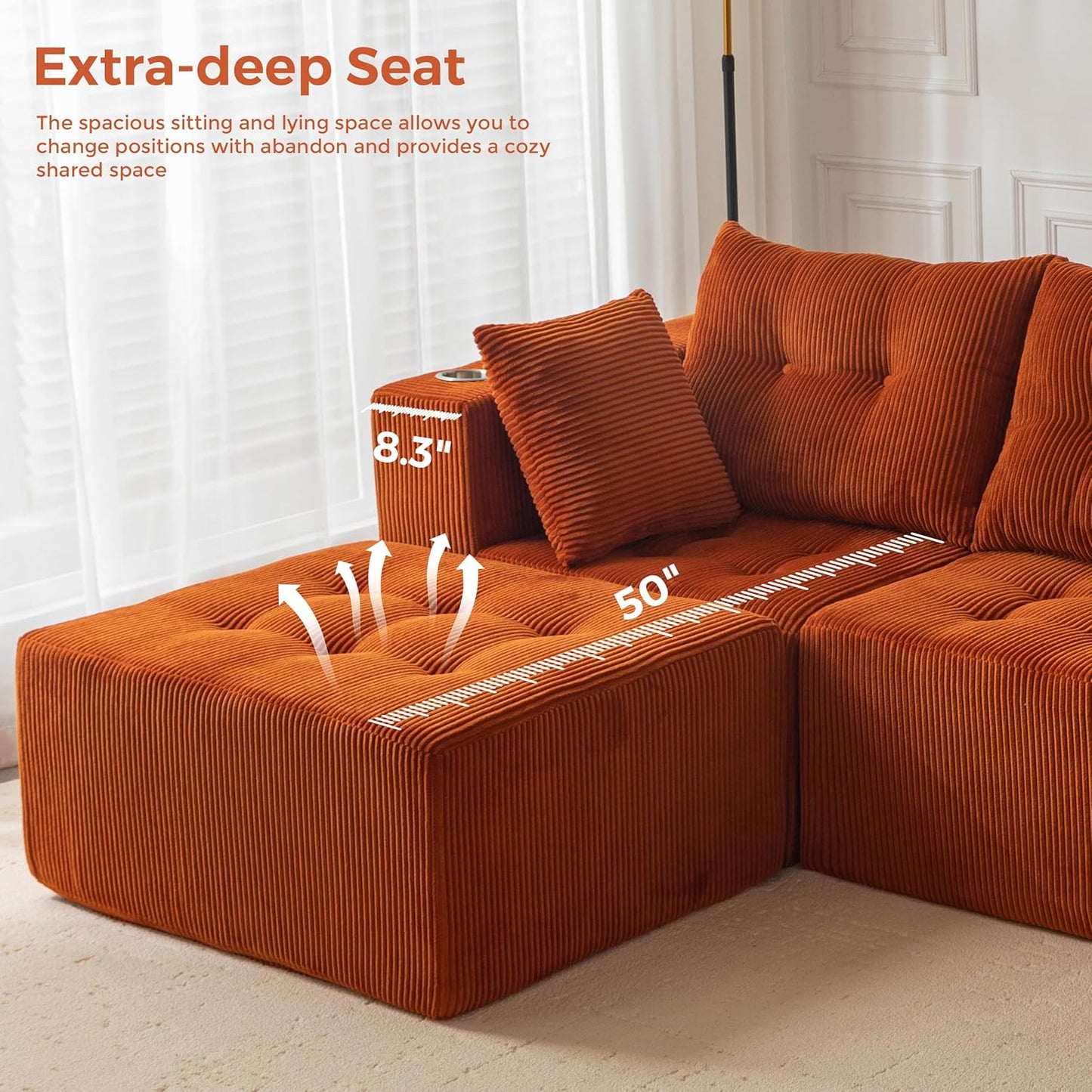 MAXYOYO Modular Sectional Sofa Couch, L Shaped Modern Cloud Couch with 1 Ottoman, Sofa in A Box, Tufted 4-Seat Boneless Sleeper Chair for Living Room, No Assembly Required, Orange