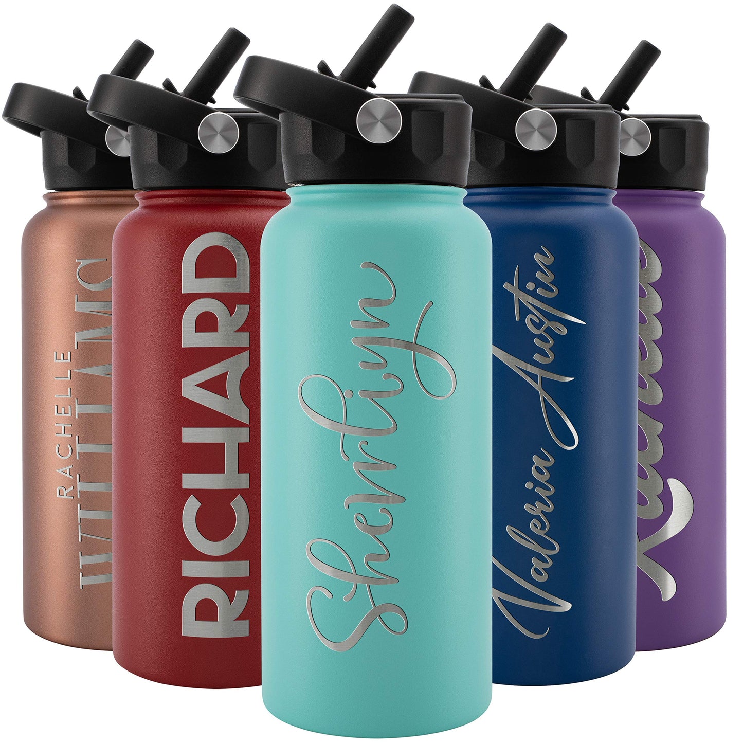Amazing Items Personalized Water Bottle w/Straw & Lid, 32 oz - Navy Blue | Custom Stainless Steel Sports Water Bottle w/Name and Text - Double Wall, Vacuum Insulated - Rotating Handle