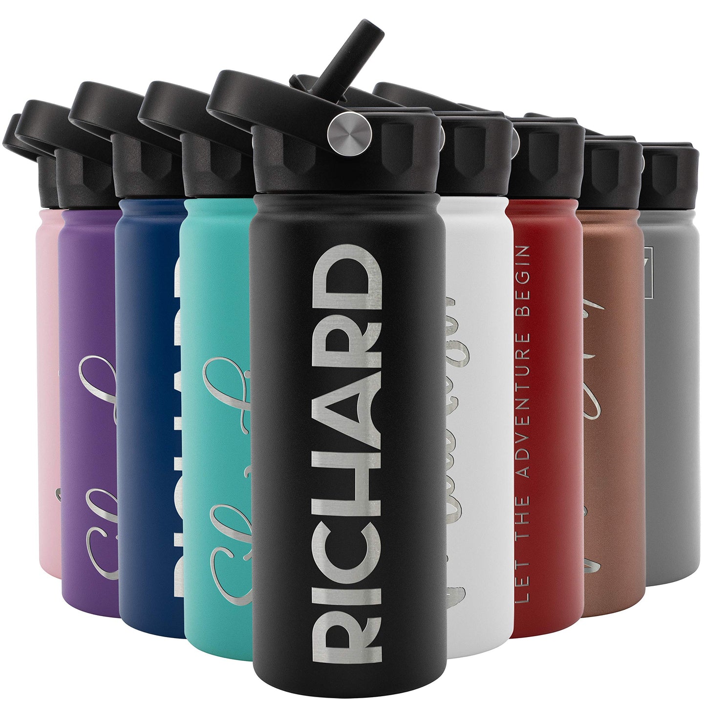 Amazing Items Personalized Water Bottle w/Straw & Lid, 32 oz - Navy Blue | Custom Stainless Steel Sports Water Bottle w/Name and Text - Double Wall, Vacuum Insulated - Rotating Handle