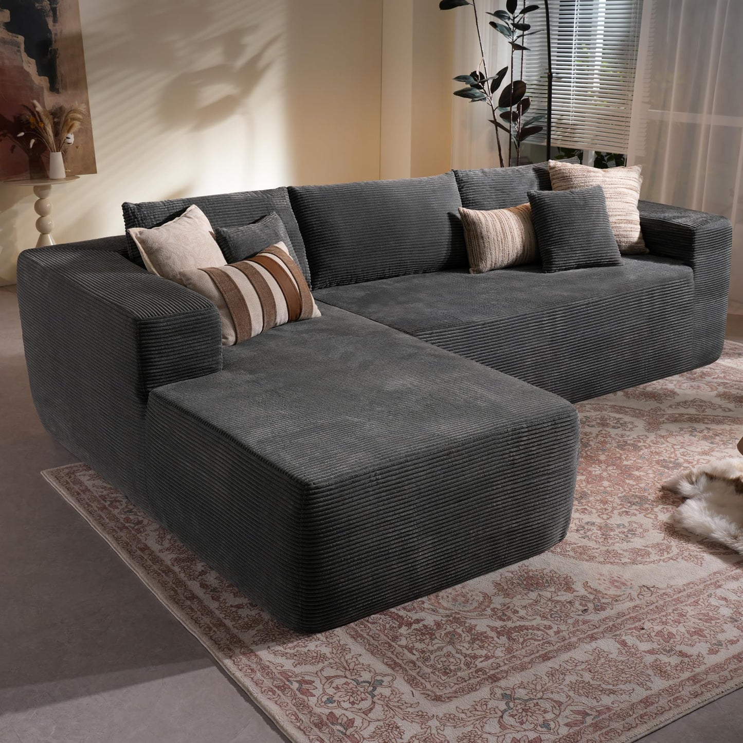 114" Boneless Couches for Living Room, Brown Faux Leather Cloud Sectional Couches with Chaise, Deep Seat L Shaped Modular Sofa, No Assembly Required Sofas in a Box (Right,Faux Leather,Brown)