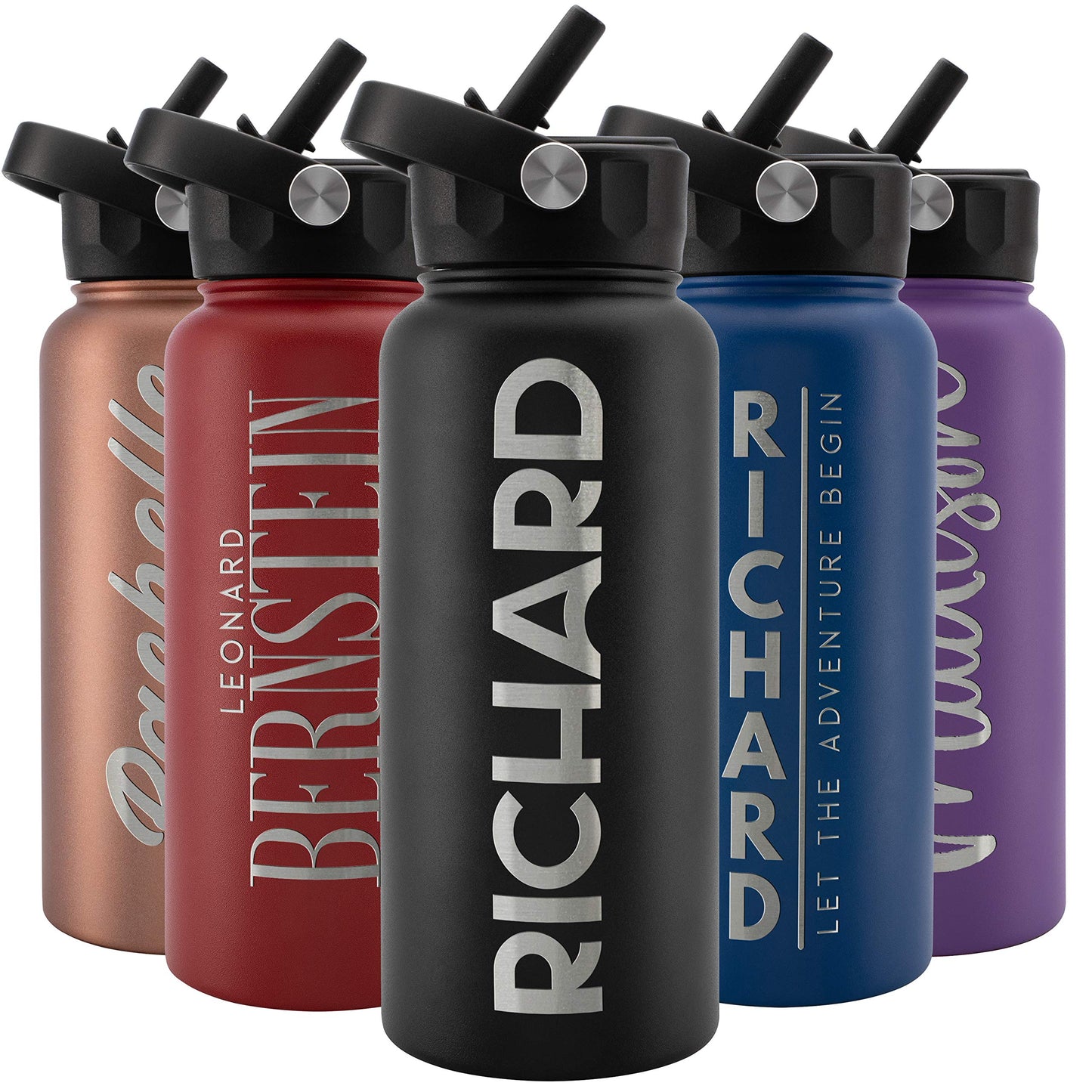 Amazing Items Personalized Water Bottle w/Straw & Lid, 32 oz - Navy Blue | Custom Stainless Steel Sports Water Bottle w/Name and Text - Double Wall, Vacuum Insulated - Rotating Handle