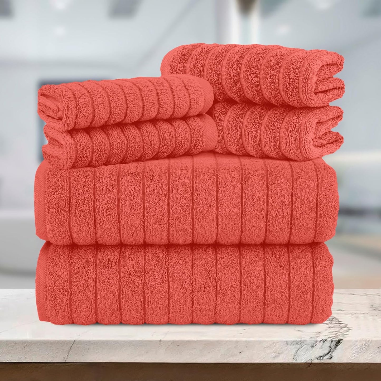 Elegant Comfort 100% Turkish Cotton Corduroy Ribbed Luxury Bath Towels 6-Piece Set, Premium Feel - Quick Dry, Highly Absorbent, Contains 2 Bath Towels, 2 Hand Towels, and 2 Washcloths, Coral