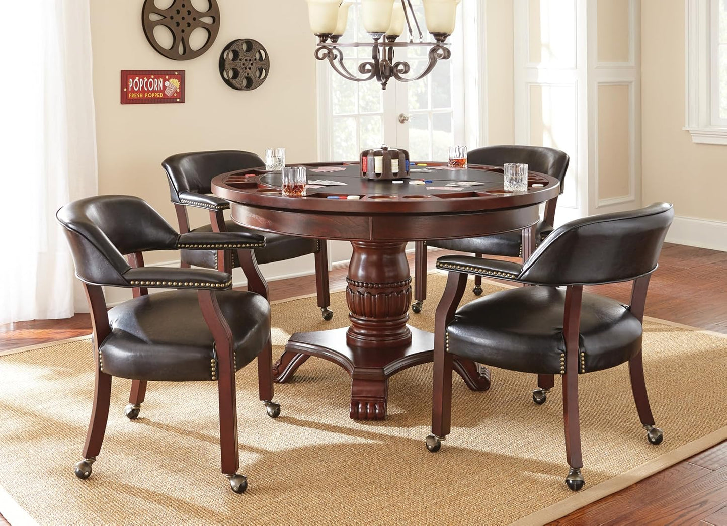 Steve Silver Furniture Tournament Arm Dining Chair with Casters, Upholstered w/Nailhead Trim, for Living Room, Dining Room, Vegan Leather, 18-Inch Seat Height, 25" W x 25" D x 31" H, Black