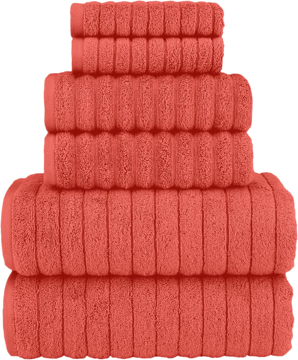 Elegant Comfort 100% Turkish Cotton Corduroy Ribbed Luxury Bath Towels 6-Piece Set, Premium Feel - Quick Dry, Highly Absorbent, Contains 2 Bath Towels, 2 Hand Towels, and 2 Washcloths, Coral