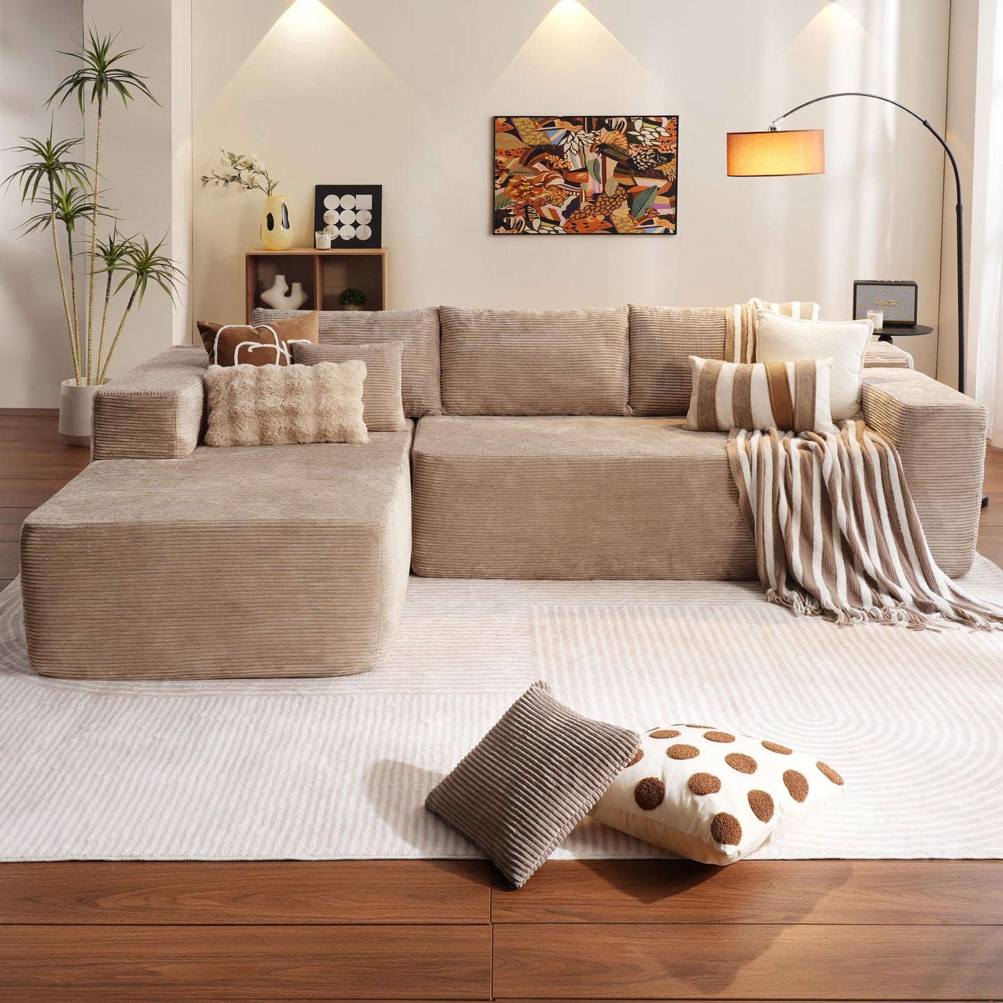 ovios Sectional Cloud Couch for Living Room, Modular Floor Sofa with Plush Corduroy, No Assembly Required, Big Comfy Couches Set with Fluffy Memory Foam, Stupendous U Shaped Sofas with Chaise, Brown