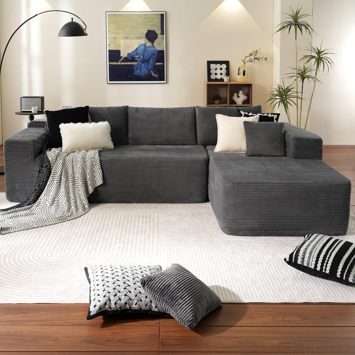 ovios Sectional Cloud Couch for Living Room, Modular Floor Sofa with Plush Corduroy, No Assembly Required, Big Comfy Couches Set with Fluffy Memory Foam, Stupendous U Shaped Sofas with Chaise, Brown