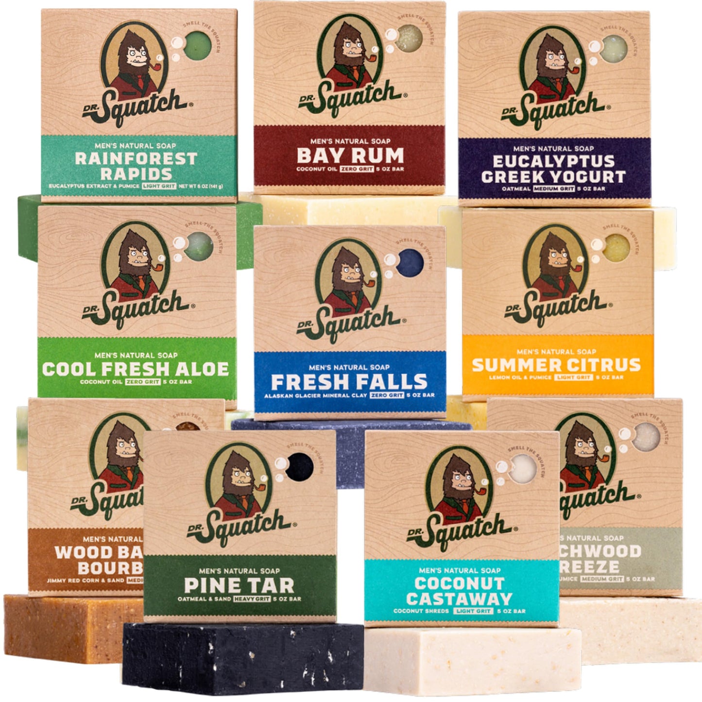 Dr. Squatch Natural Bar Soap for Men Variety Gift Set - Cold Process No Harsh Chemicals - Pine Tar, Bay Rum, Grapefruit IPA, Cool Fresh Aloe, Goat's Milk & more (5 oz, 10-Pack)