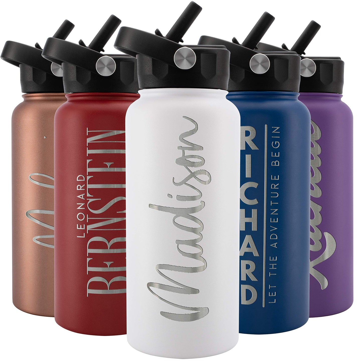 Amazing Items Personalized Water Bottle w/Straw & Lid, 32 oz - Navy Blue | Custom Stainless Steel Sports Water Bottle w/Name and Text - Double Wall, Vacuum Insulated - Rotating Handle