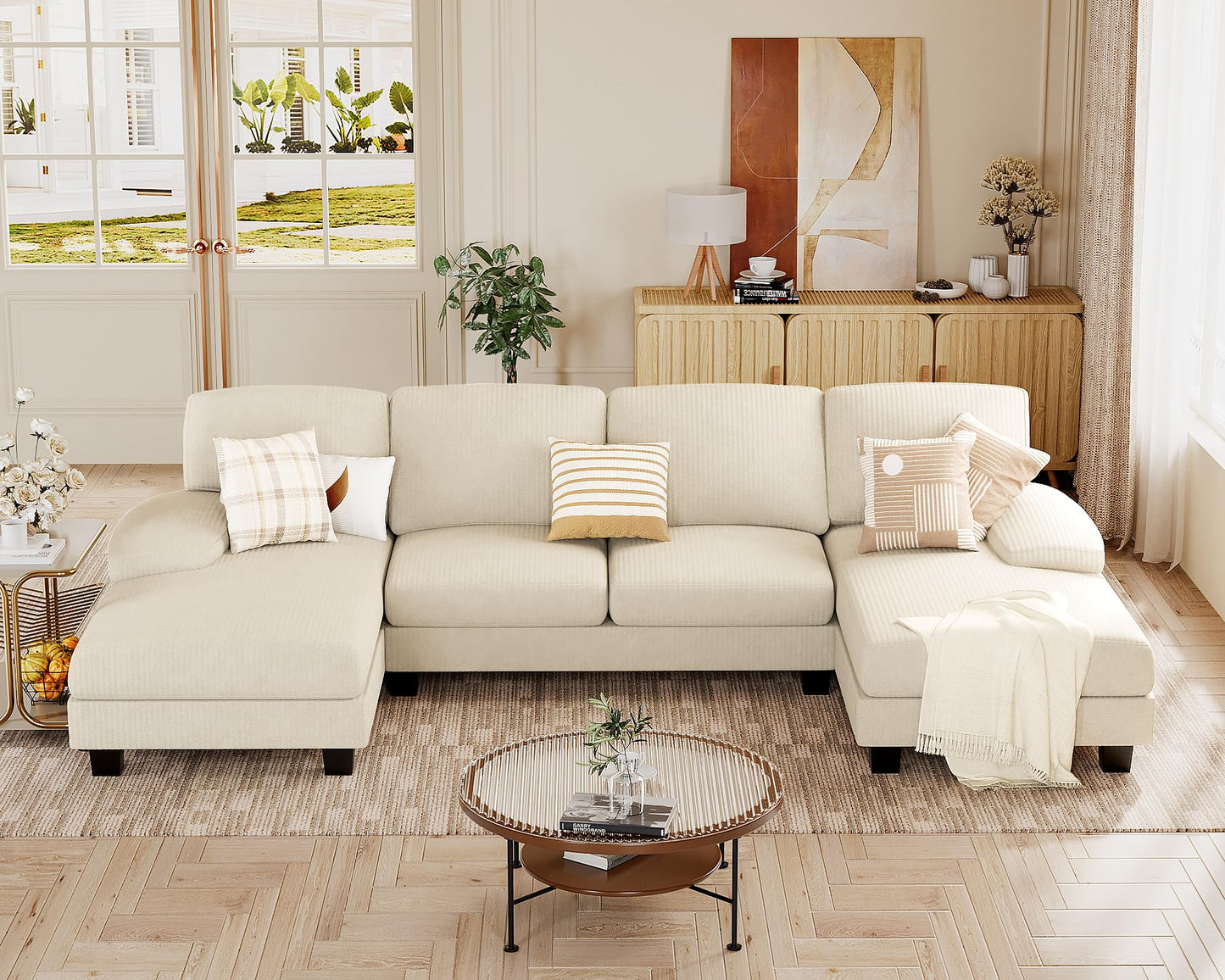 JUMMICO Sectional Couches for Living Room, U Shaped Couch with Chenille Fabric, 4 Seat Modern Sofa with Removable Pillows for Apartment and Small Space (Fabric, Grey)