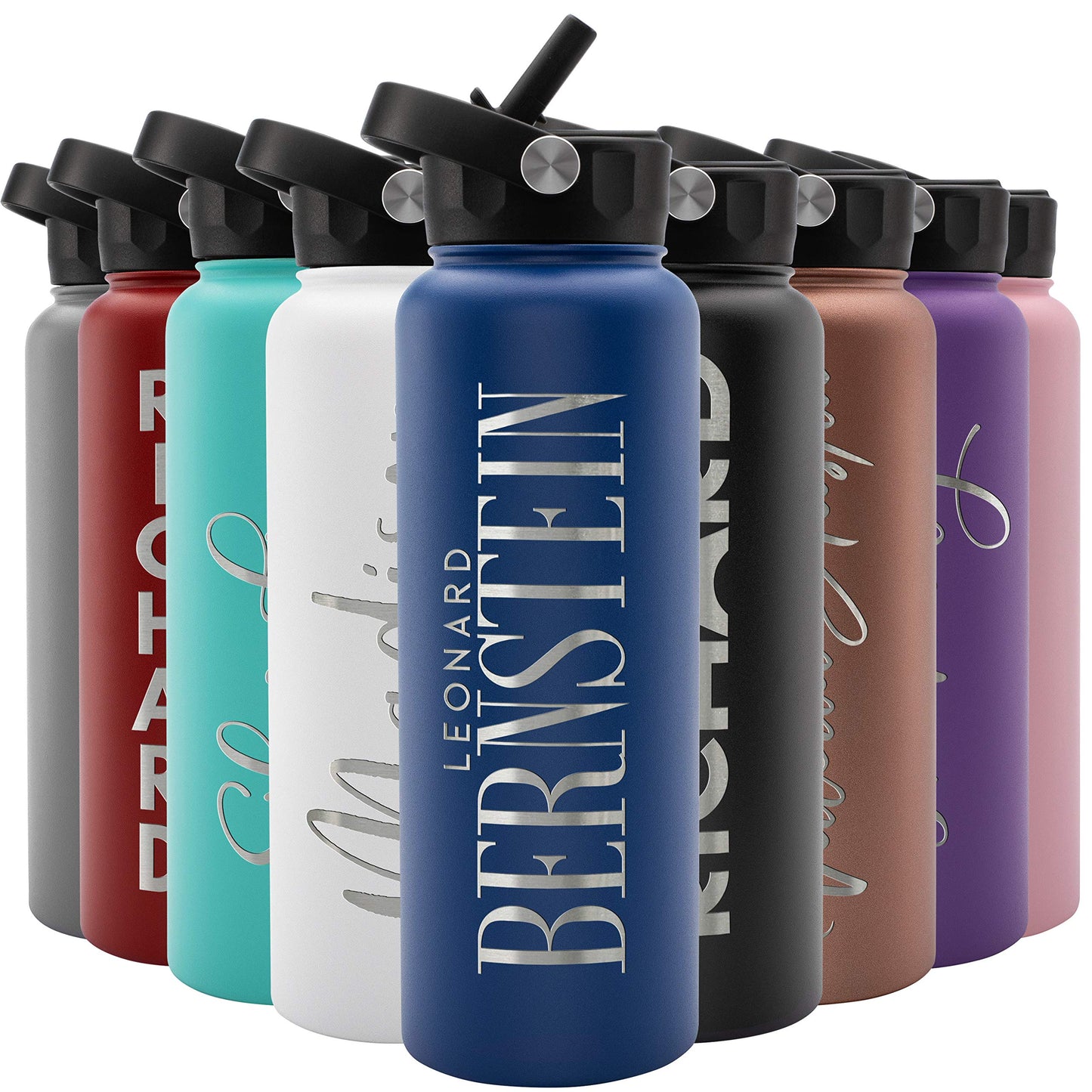 Amazing Items Personalized Water Bottle w/Straw & Lid, 32 oz - Navy Blue | Custom Stainless Steel Sports Water Bottle w/Name and Text - Double Wall, Vacuum Insulated - Rotating Handle