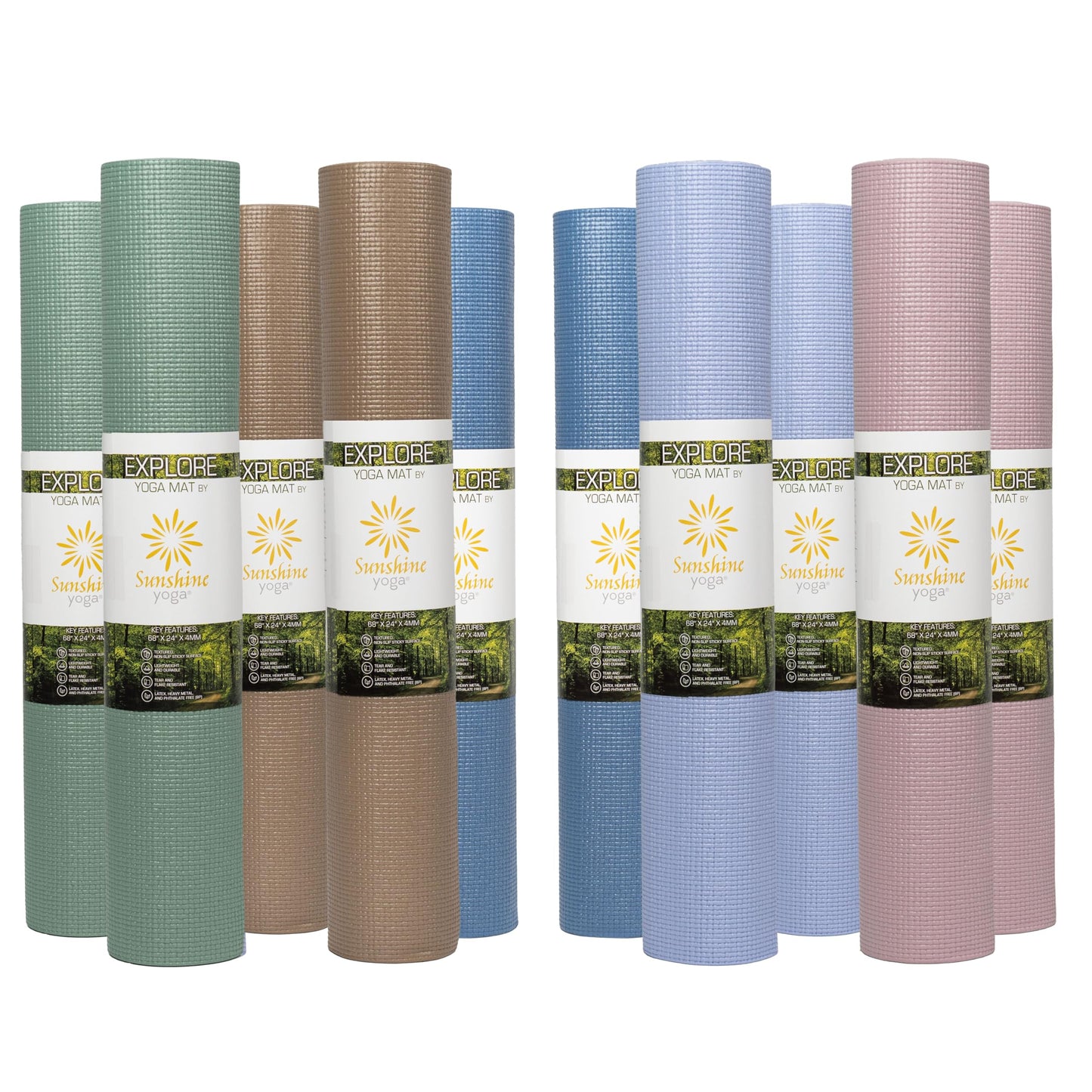 Sunshine Yoga 10-Pack Explore Yoga Mat, 68" x 24" Exercise Mat, 4mm Thick Non Slip Workout Mat, Anti-Tear Gym Mat, Bulk Yoga Mats for Home Workout or Studio