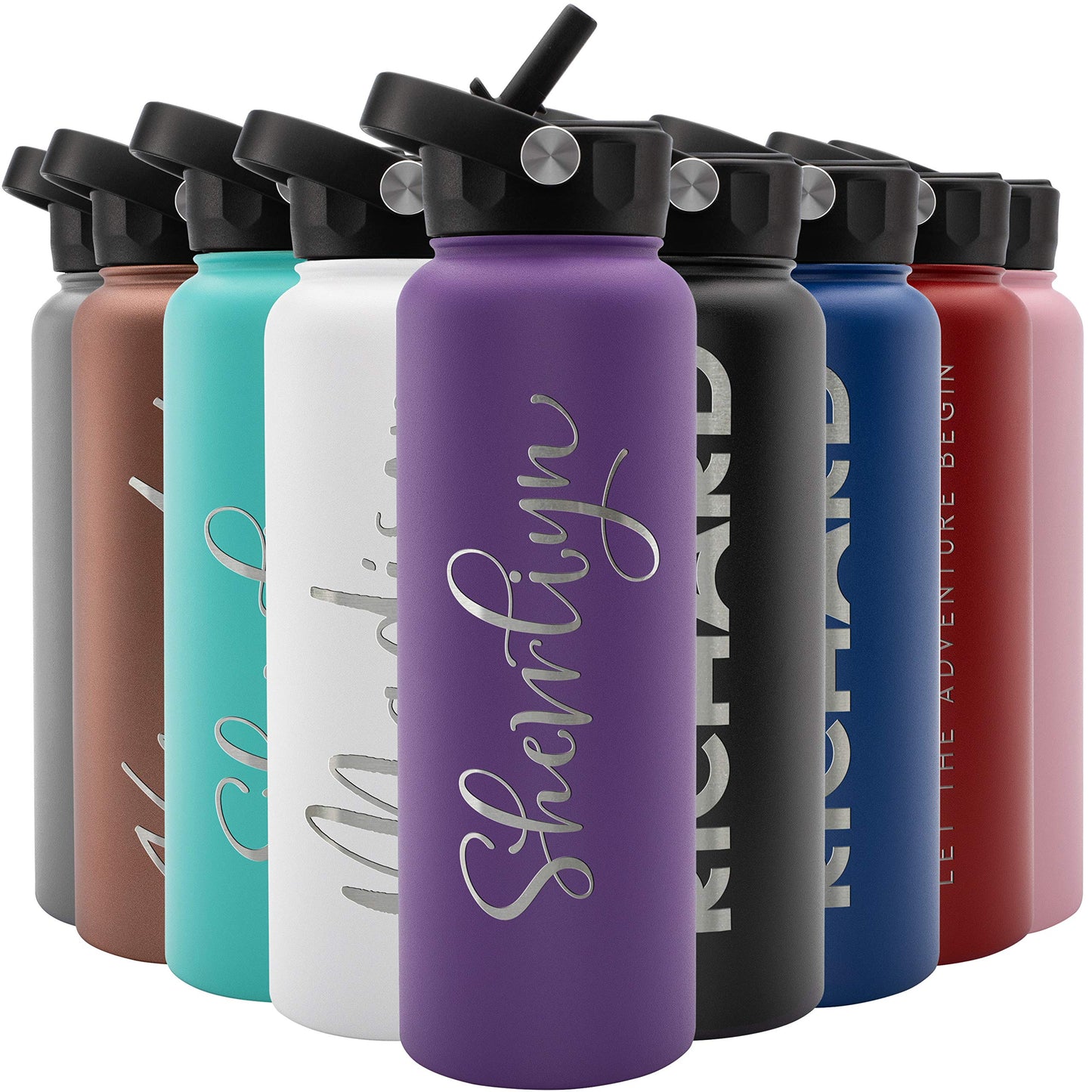 Amazing Items Personalized Water Bottle w/Straw & Lid, 32 oz - Navy Blue | Custom Stainless Steel Sports Water Bottle w/Name and Text - Double Wall, Vacuum Insulated - Rotating Handle