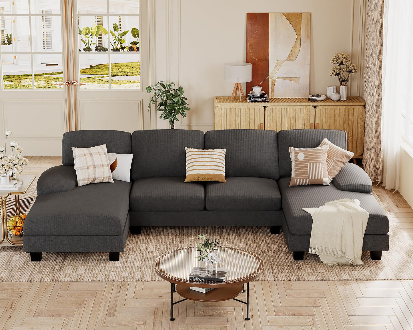 JUMMICO Sectional Couches for Living Room, U Shaped Couch with Chenille Fabric, 4 Seat Modern Sofa with Removable Pillows for Apartment and Small Space (Fabric, Grey)