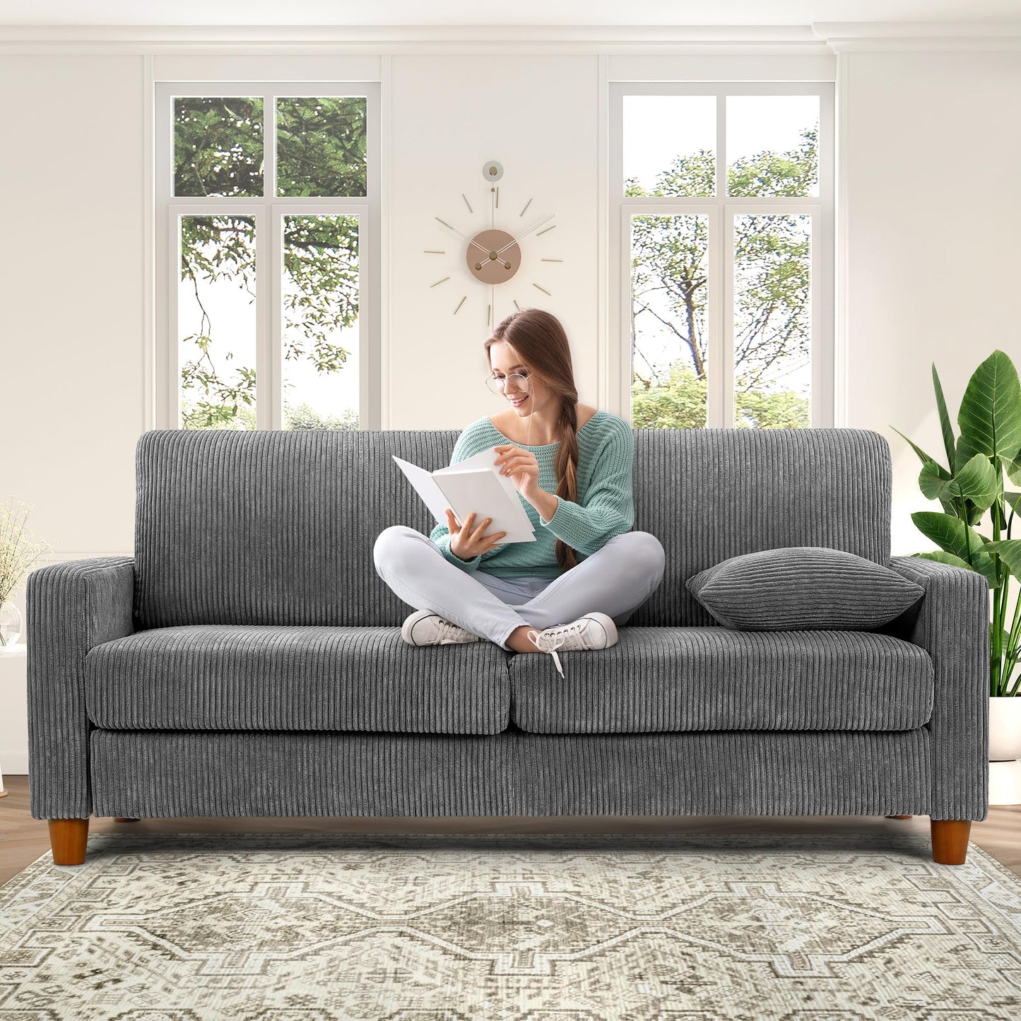 Kidirect 87in Green Sofa, Couches for Living Room 21in Extra Deep Seats, Comfy Corduroy Sofas for Living Room No Tool Assembly, Modern Oversized Love Seat with 2 Pillows, Sofa Couch for Bedroom