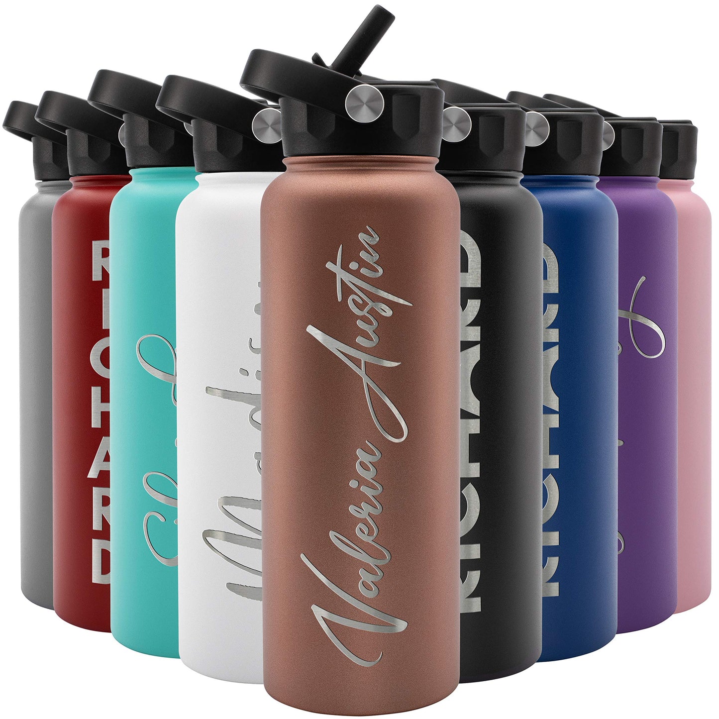 Amazing Items Personalized Water Bottle w/Straw & Lid, 32 oz - Navy Blue | Custom Stainless Steel Sports Water Bottle w/Name and Text - Double Wall, Vacuum Insulated - Rotating Handle