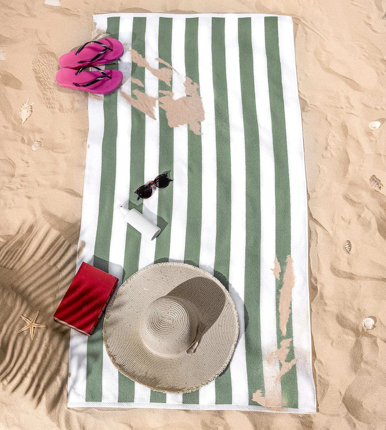 American Soft Linen Cabana Striped Beach Towels, 30x60 inch 4 Piece Oversize Pool Towels, Quick Drying Sand Free Swim Towels, Sage Green