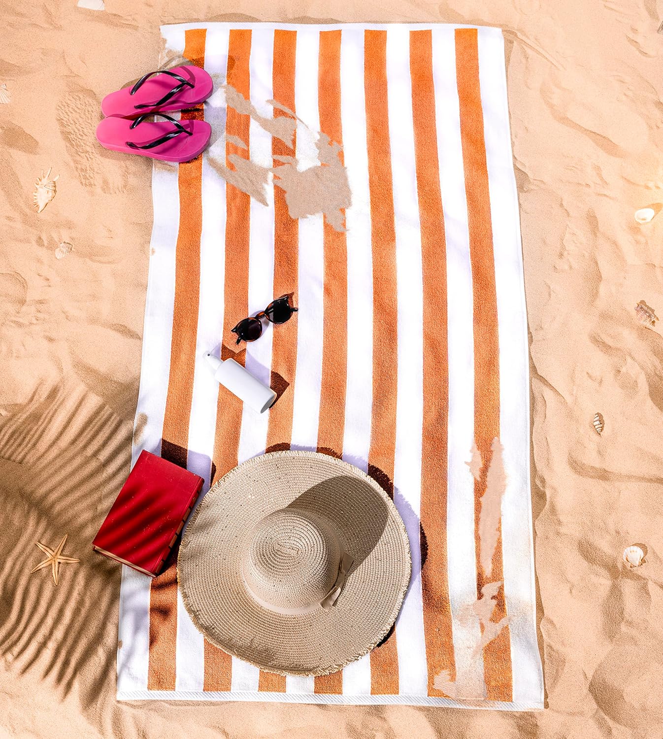 American Soft Linen Cabana Striped Beach Towels, 30x60 inch 4 Piece Oversize Pool Towels, Quick Drying Sand Free Swim Towels, Orange