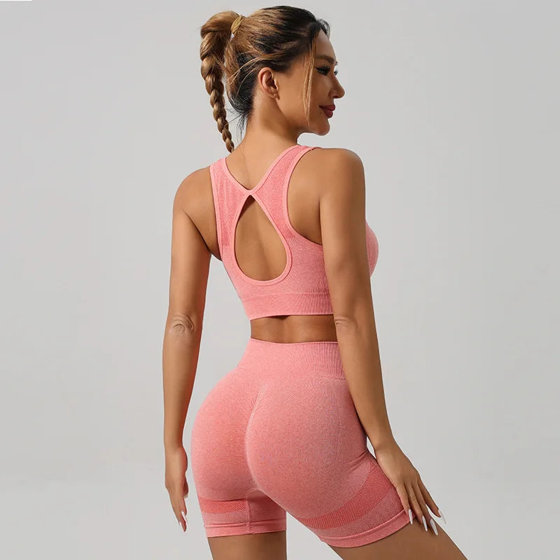 2 Pcs Yoga Set Women Hollow Back Sports Bra+Hip Lifting Sports Shorts Workout Set Seamless Fitness Gym Set Sportswear Tracksuit