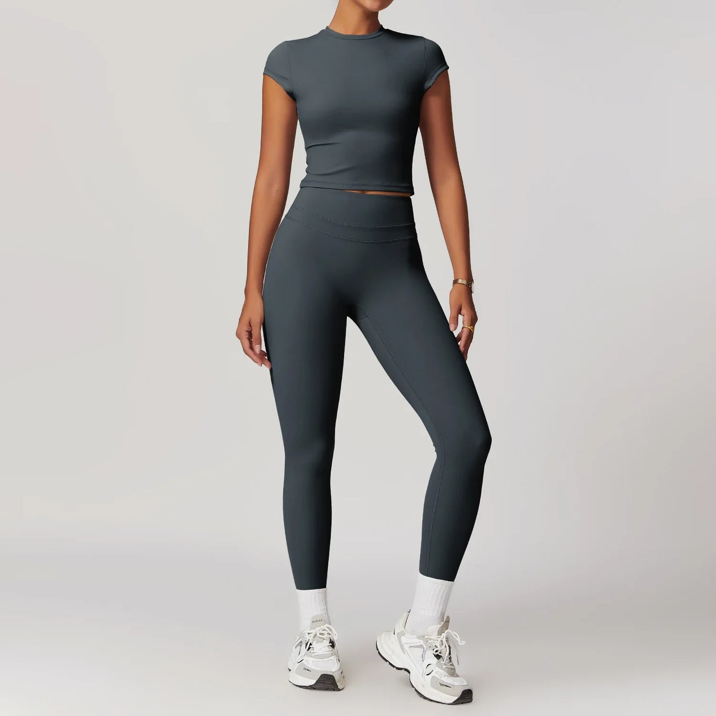mikeyoga 2PCS Yoga Set Women Sportswear Workout Clothes Athletic Wear Gym Legging Fitness Bra Crop Top Short Sleeves Sports Suit