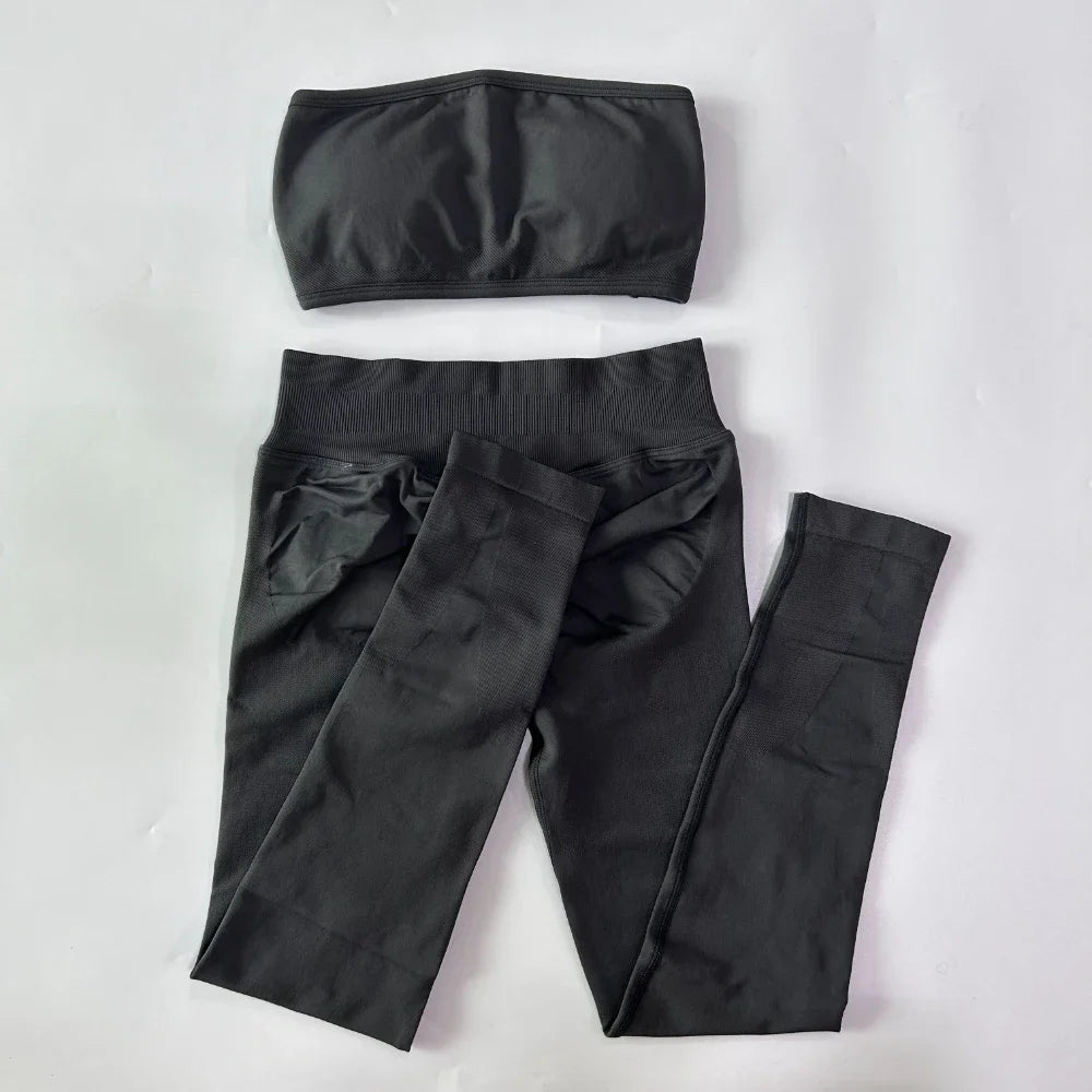 No Logo 2 Pieces Sports Set Woman Backless Bandeau Sports Bra Scrunch Leggings Yoga Clothing Workout Clothes Outfits Gym Set