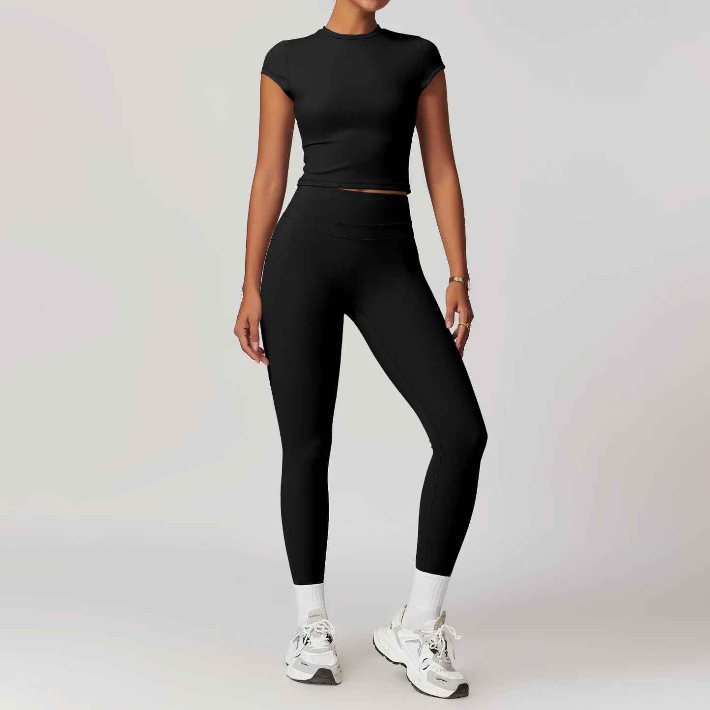mikeyoga 2PCS Yoga Set Women Sportswear Workout Clothes Athletic Wear Gym Legging Fitness Bra Crop Top Short Sleeves Sports Suit