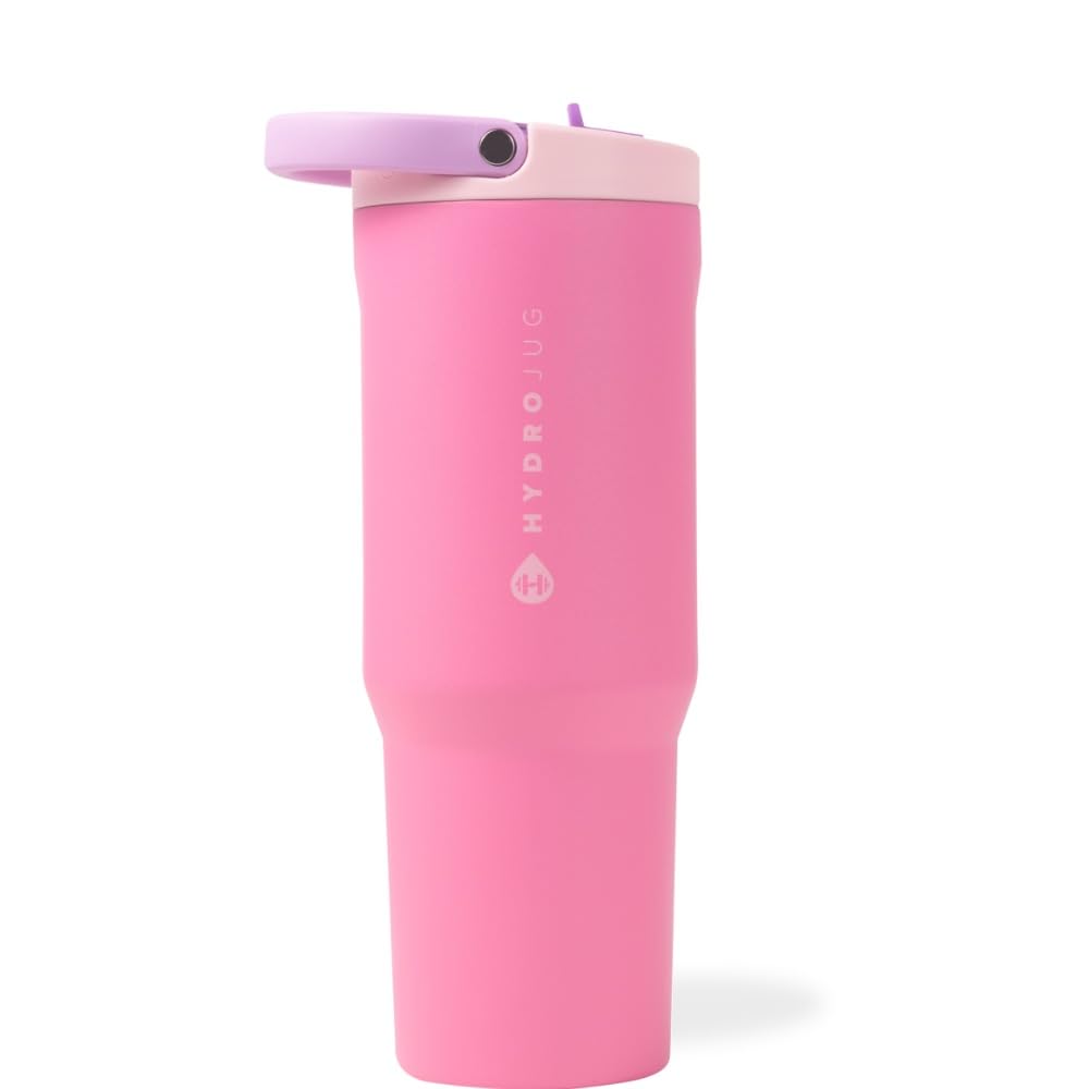 HydroJug Sport - Stainless Steel Tumbler with Straw, Vacuum Insulated, 32oz Leakproof Water Bottle, Ergonomic Design, Reusable, Dishwasher Safe, Rubber Base, Durable for Gym or Outdoors, Pink Sand