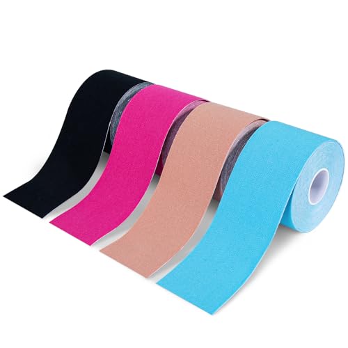 OBTANIM 4 Rolls Waterproof Breathable Kinesiology Tape, Athletic Elastic Kneepad Muscle Pain Relief Knee Taping for Gym Fitness Running Tennis Swimming Football (Black, Skin, Pink, Light Blue)