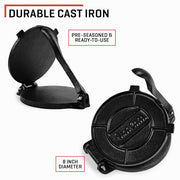Uno Casa Cast Iron Tortilla Press 8 Inch - Tortilla Maker Press, Pre-Seasoned Roti Maker with 100 Pcs Parchment Paper - Heavy Duty Quesadilla Maker for Homemade Flatbreads, Rotis, Empanadas